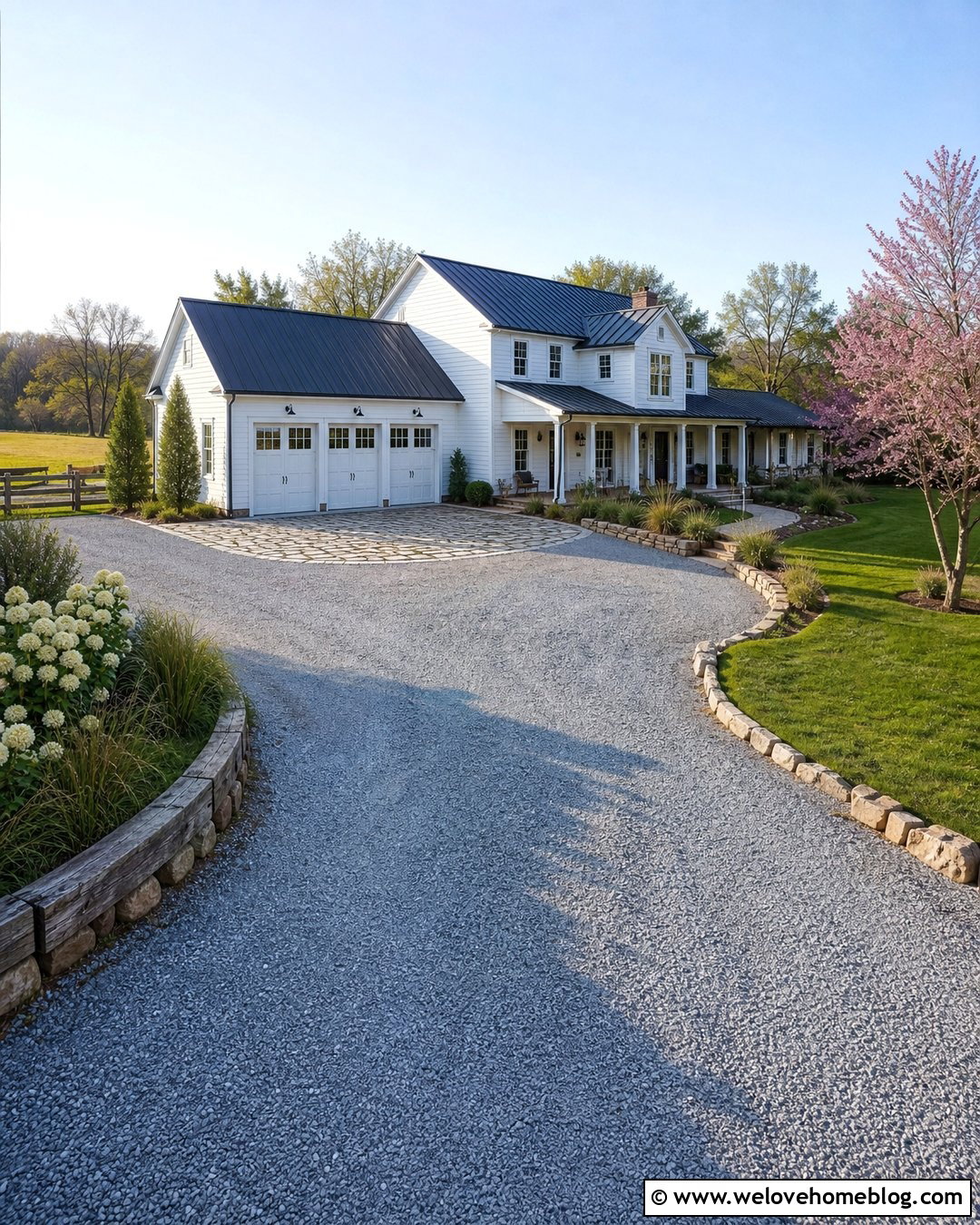 Farmhouse Gravel Driveway Extension With Stone Apron - 30 Extended Driveway Ideas