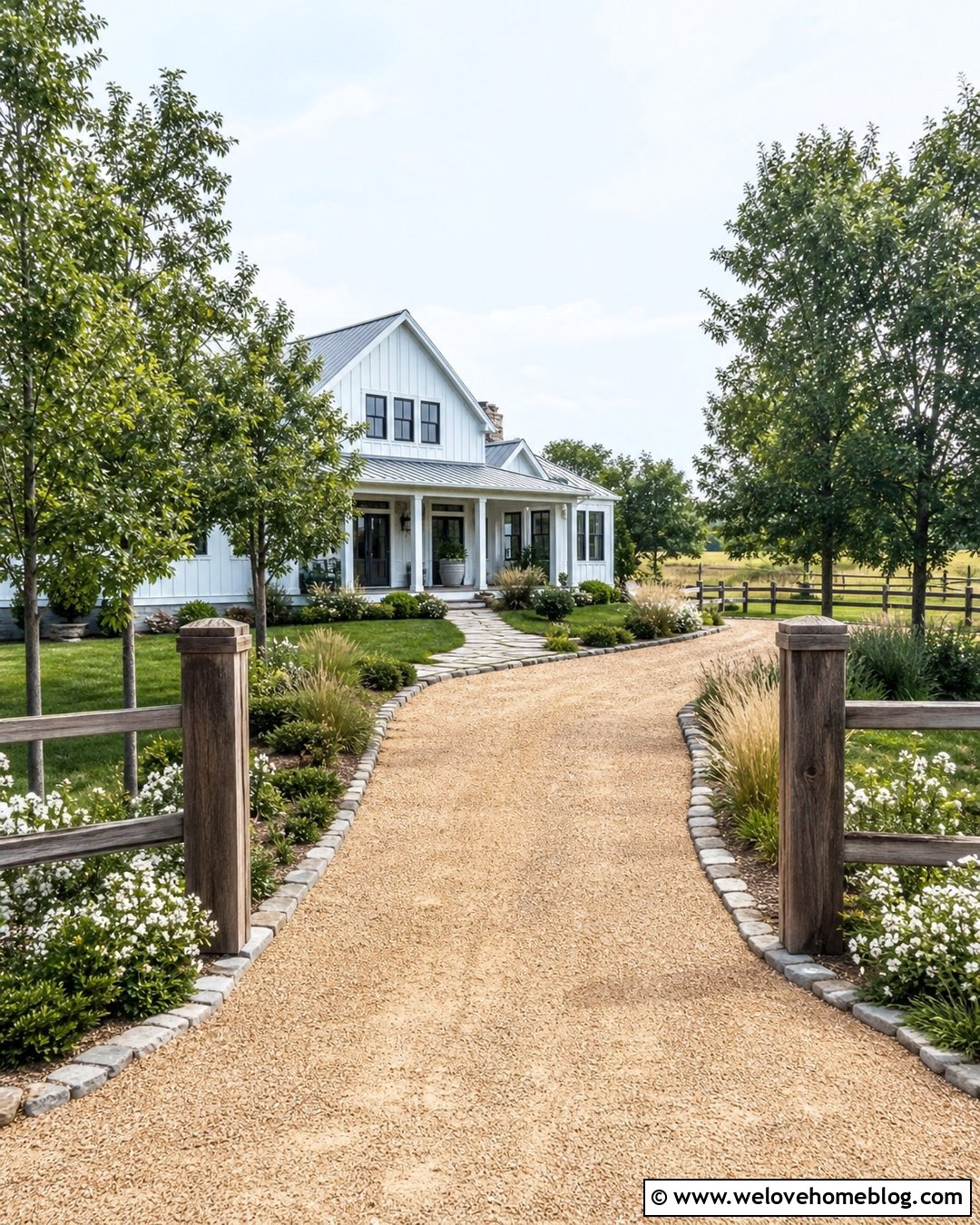 Farmhouse Gravel Driveway With A Split Rail Border - 20 How To Landscape A Driveway Ideas
