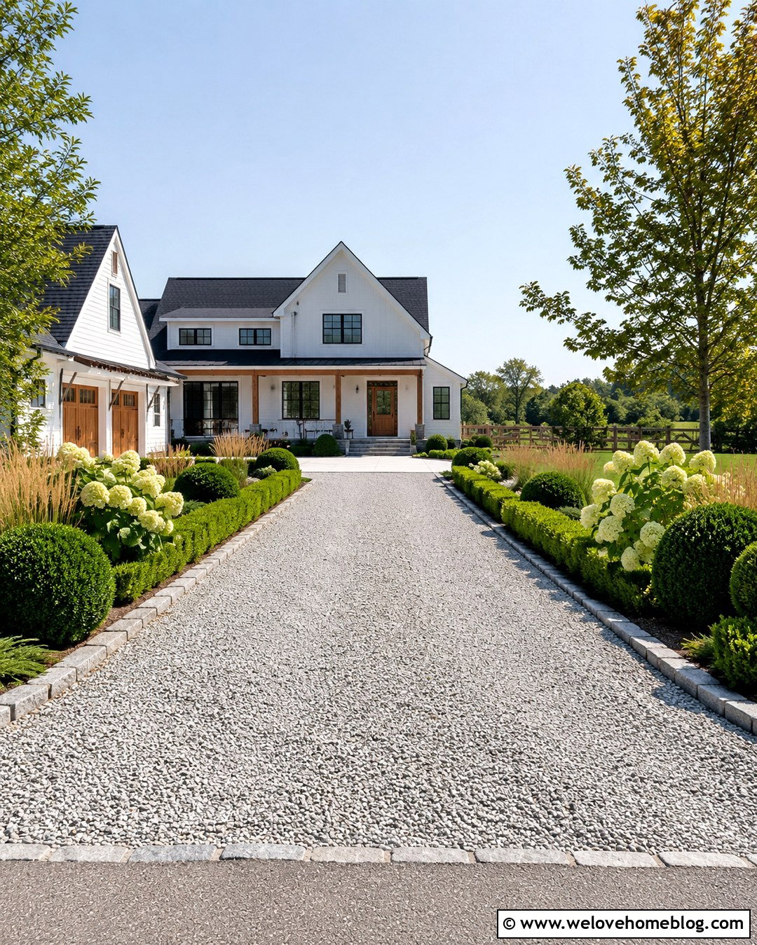 Farmhouse Gravel Driveway With Boxwood And Hydrangeas - 20 boxwood lined driveway ideas