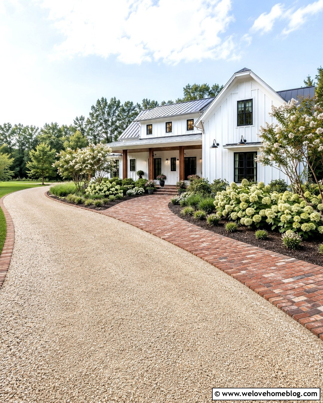 Farmhouse Gravel Driveway With Brick Front Walk - 20 Front Door Driveway Ideas