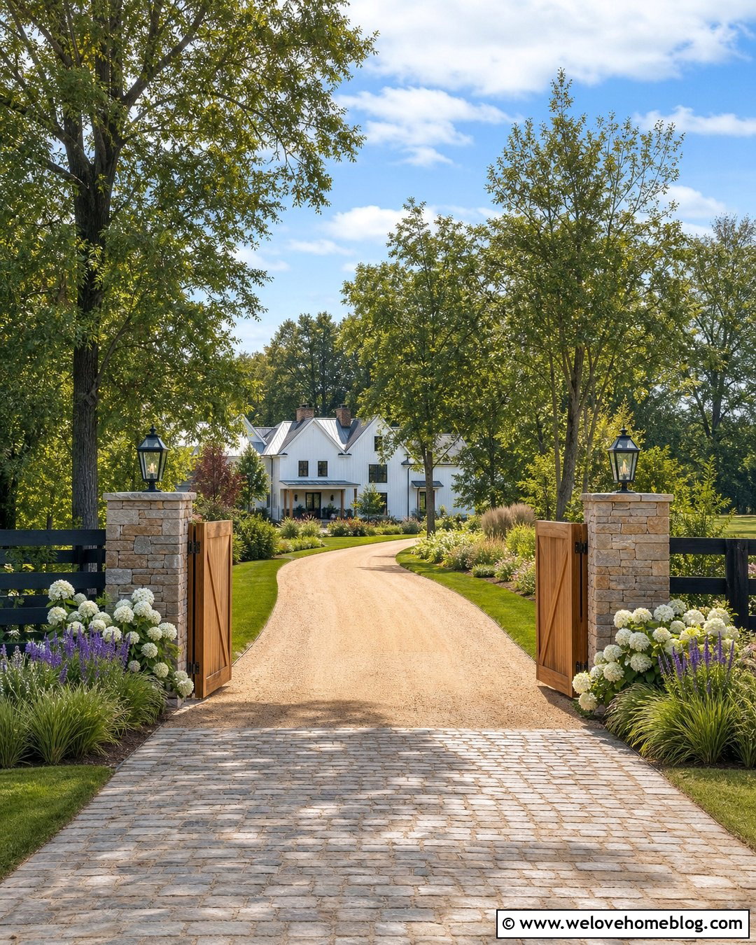 Farmhouse Gravel Driveway With Cedar Gate - 25 long driveway landscaping entrance ideas