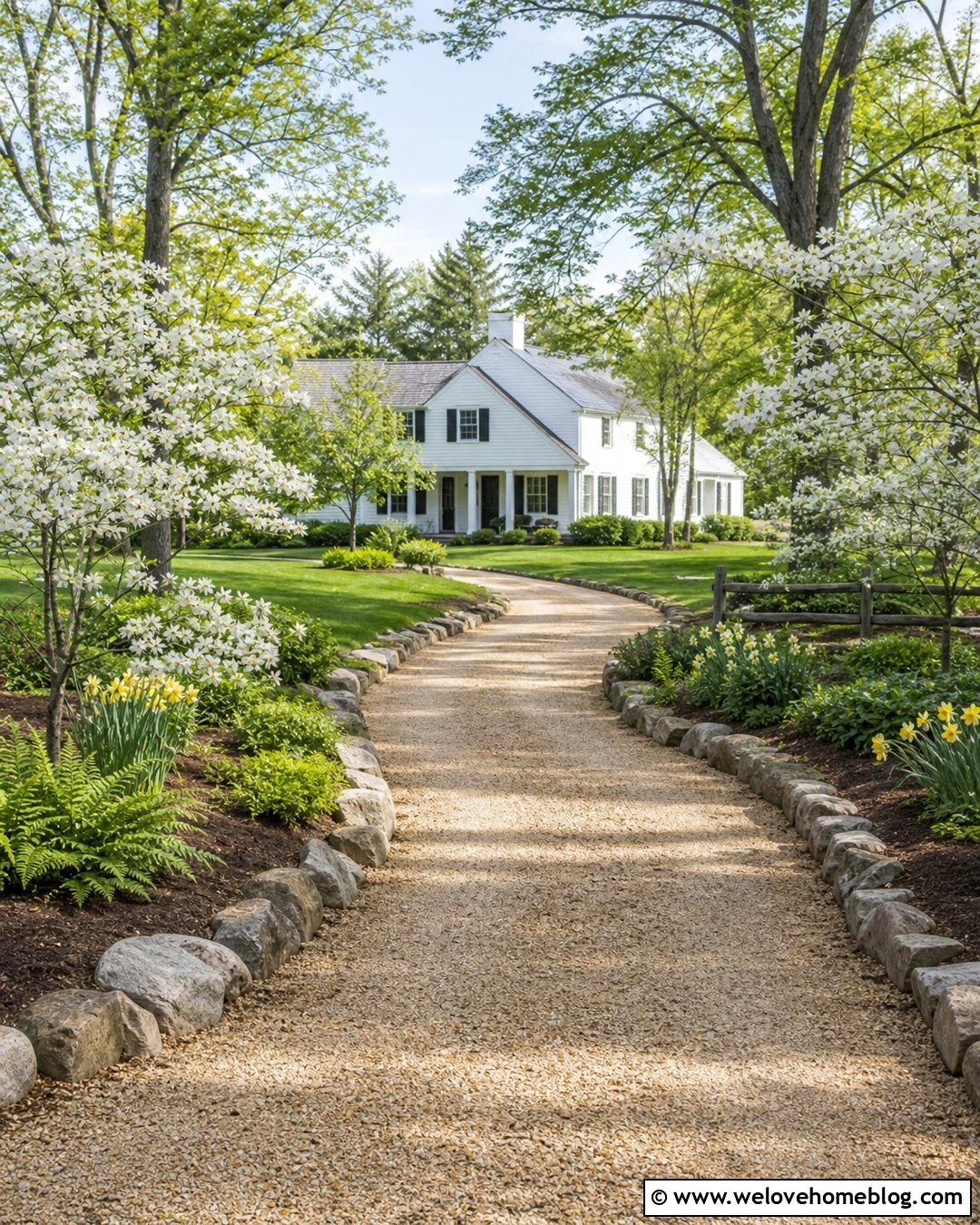 Farmhouse Gravel Driveway With Dogwood Borders - 20 Dogwood Lined Driveway Ideas
