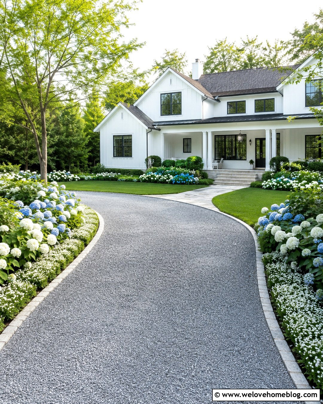 Farmhouse Gravel Driveway With Hydrangeas - 20 Planted Driveway Ideas
