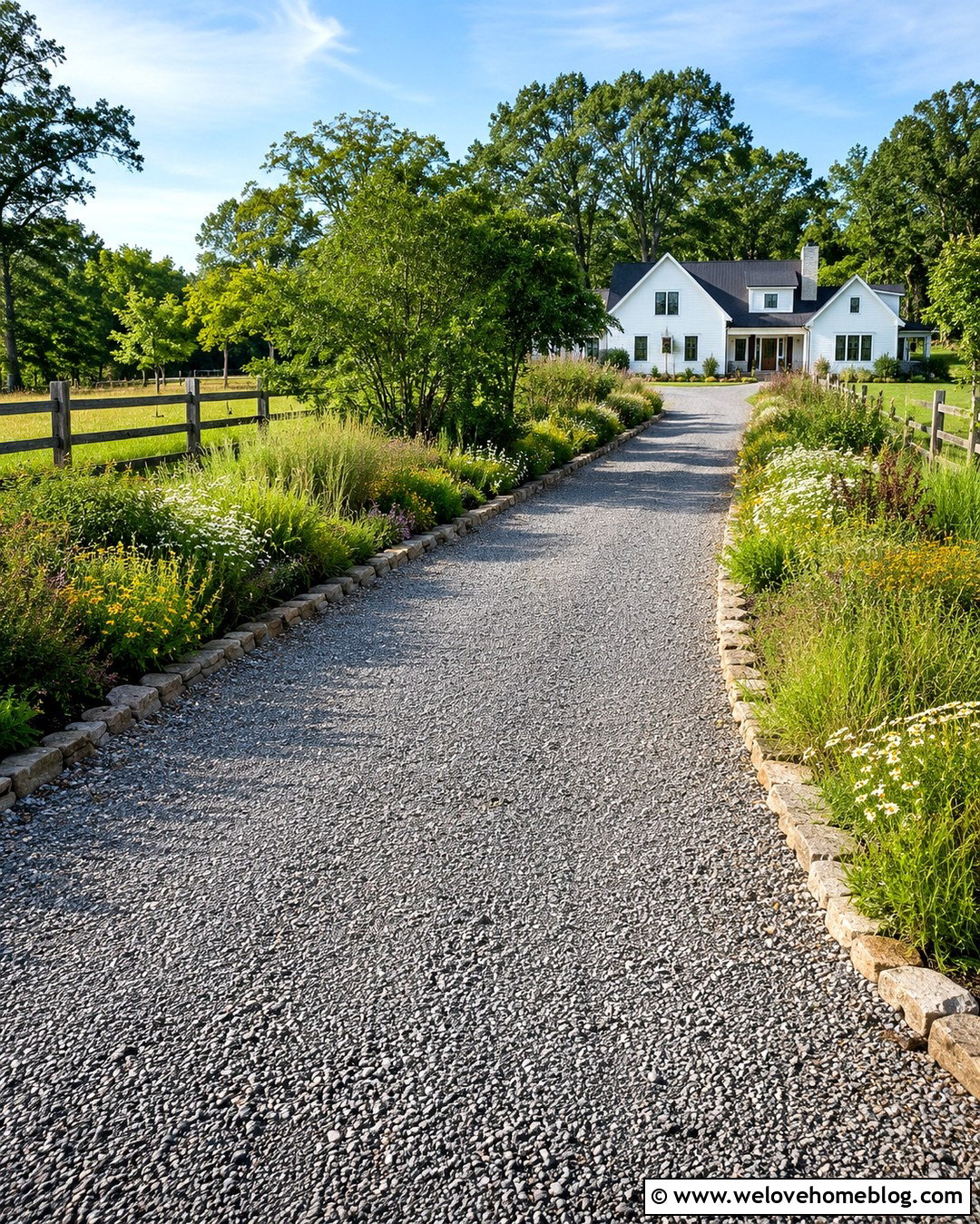 Farmhouse Gravel Driveway With Native Planting - 20 Sunlit Driveway Landscaping Ideas
