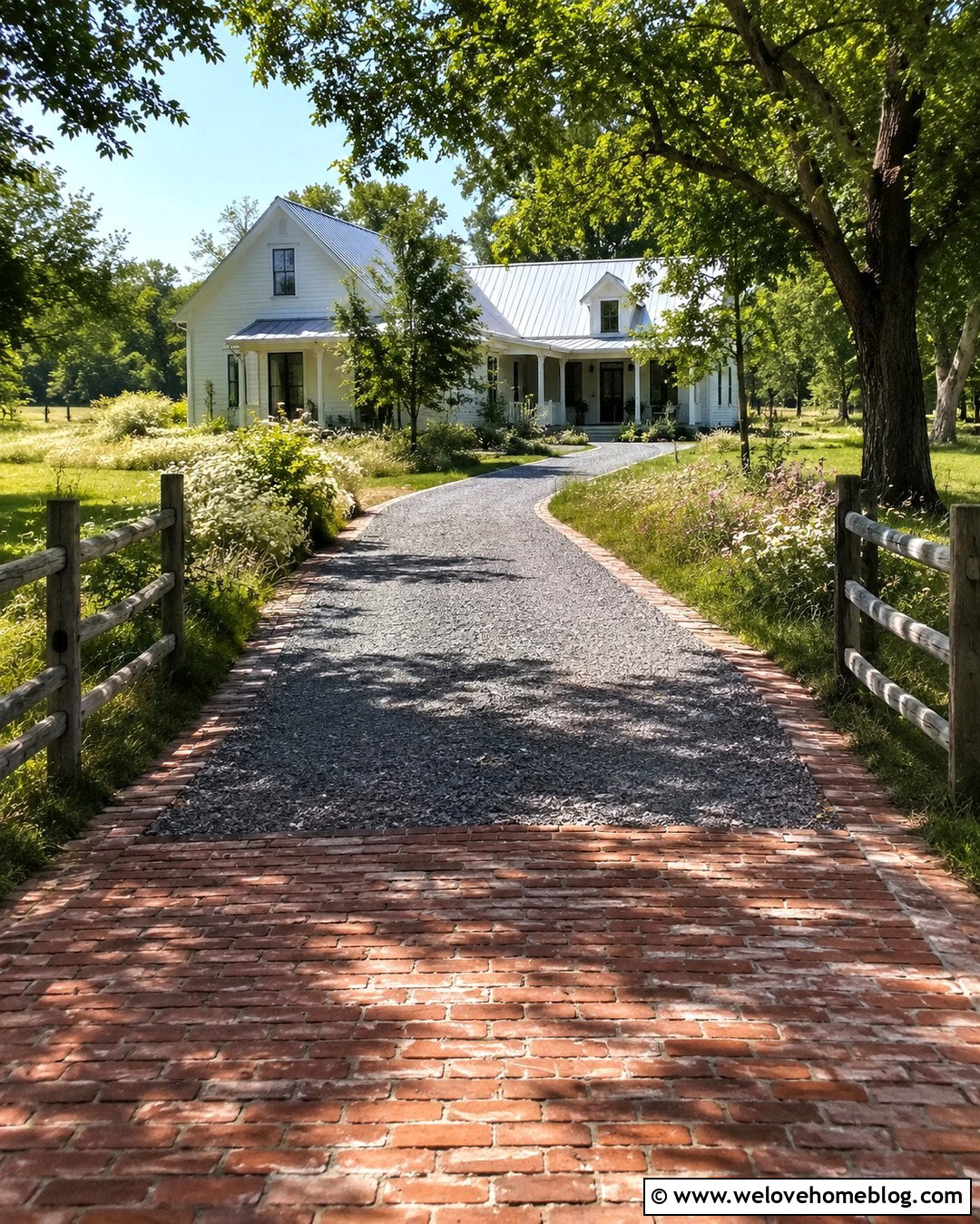 Farmhouse Gravel Driveway With Reclaimed Brick Pavers - 20 Gravel Driveway With Pavers Ideas