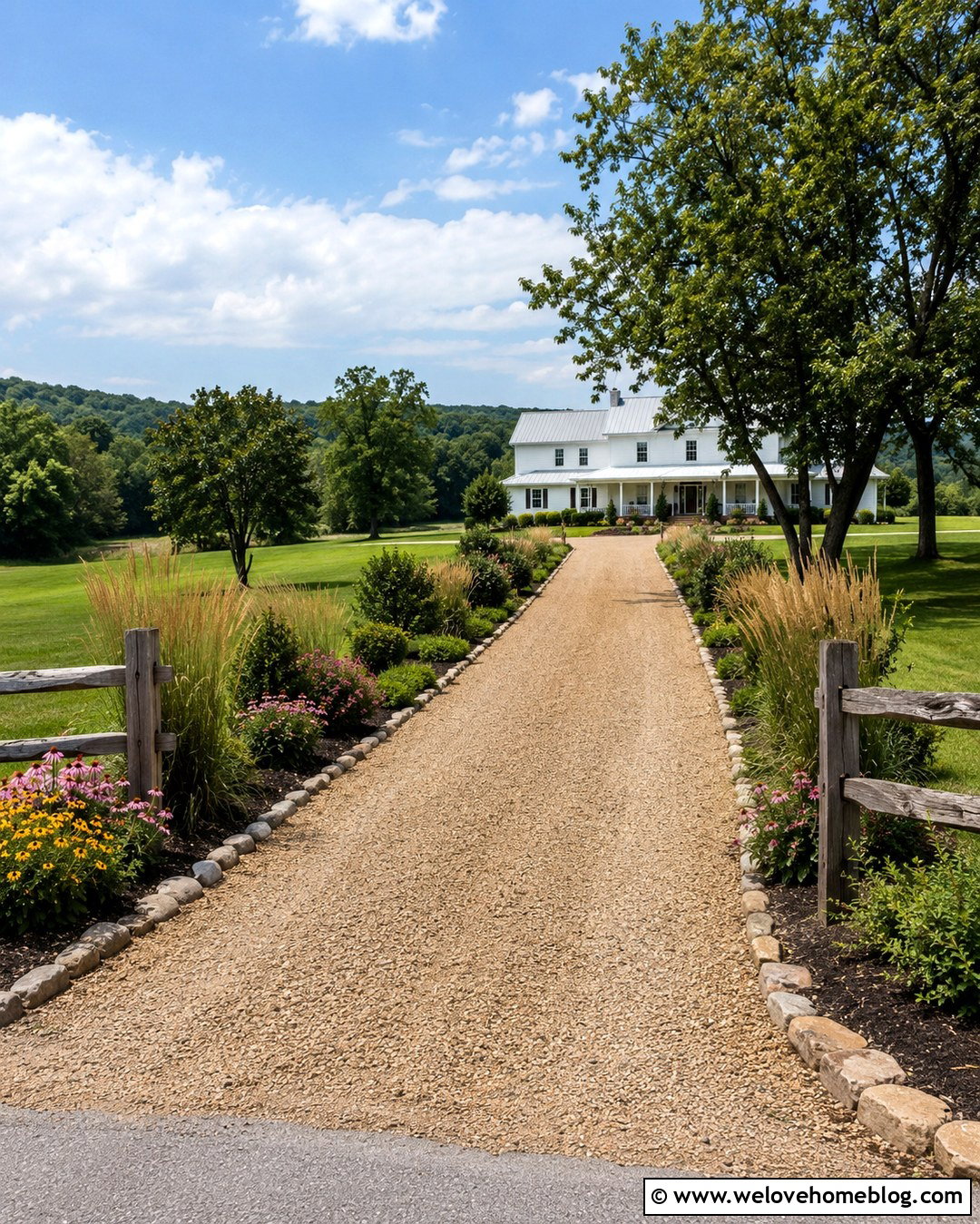 Farmhouse Gravel Driveway With Split Rail Fence - 20 side of driveway landscaping curb appeal ideas