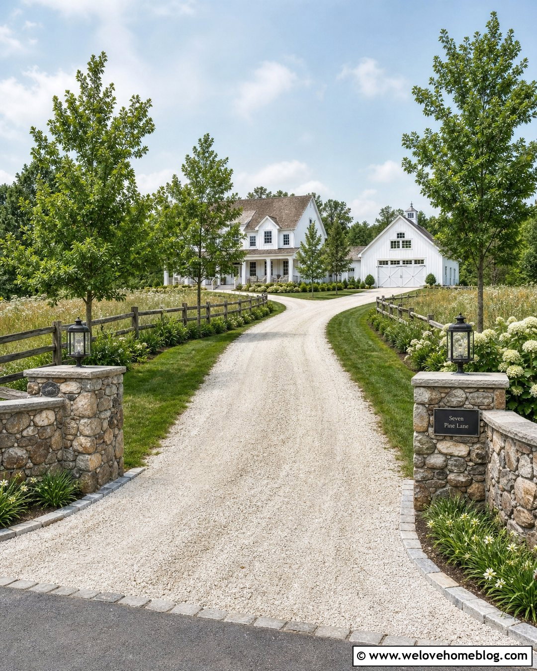 Farmhouse Gravel Driveway With Split Rail Fence - 20 Stone And Gravel Driveway Ideas