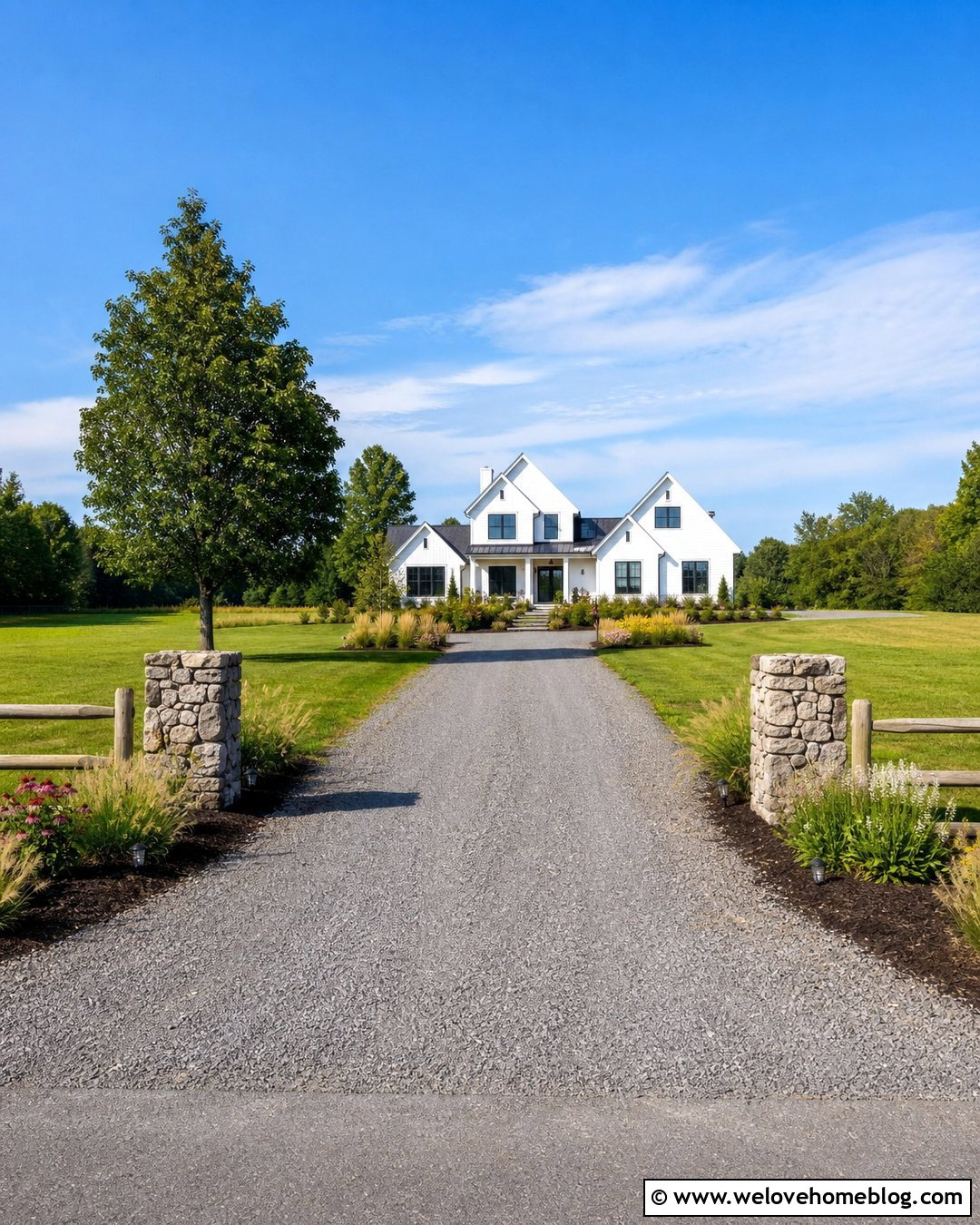 Farmhouse Gravel Driveway With Split Rail Fence - 40 driveway on a budget ideas
