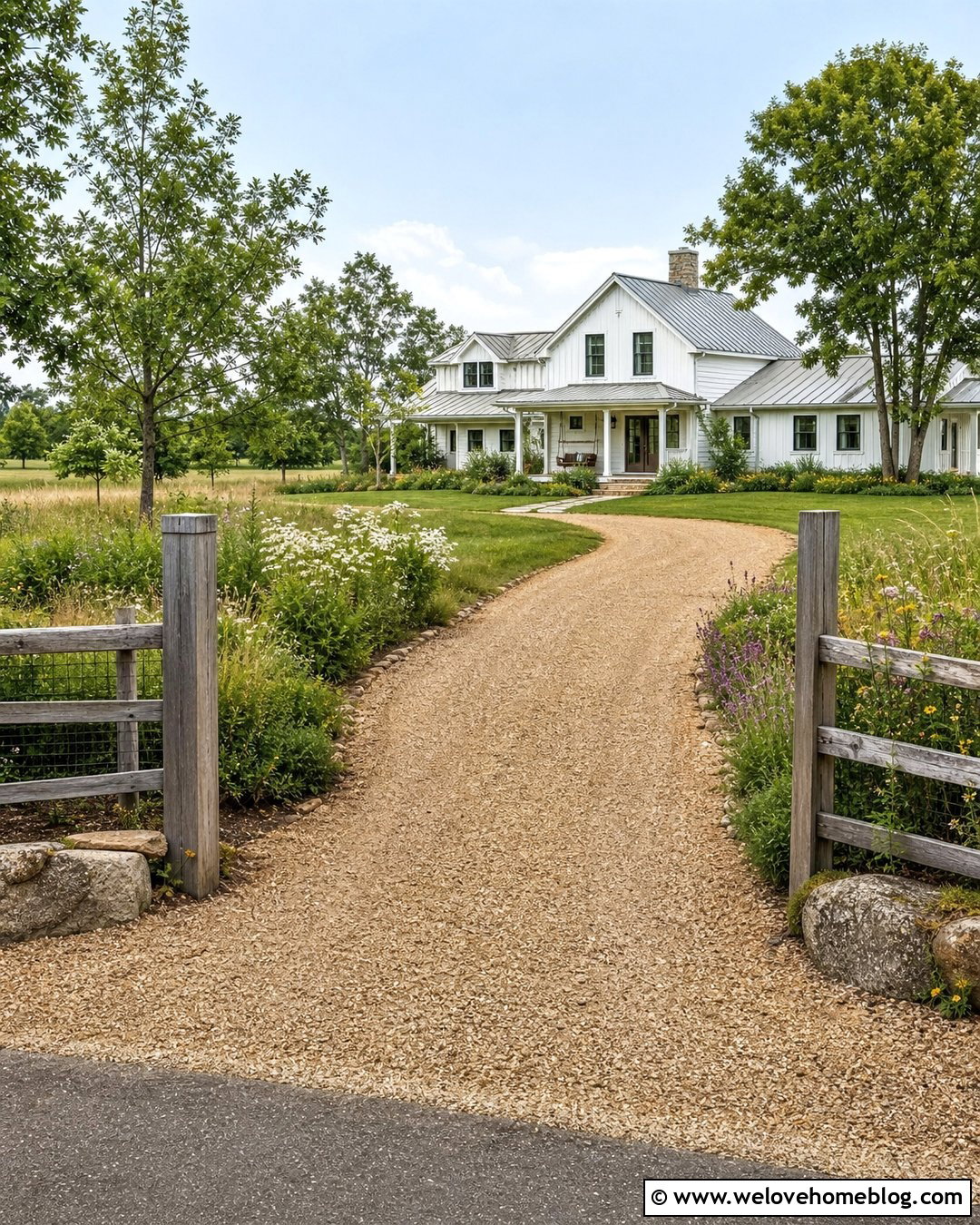 Farmhouse Gravel Driveway With Split Rail Fence - 50 Driveway Ideas