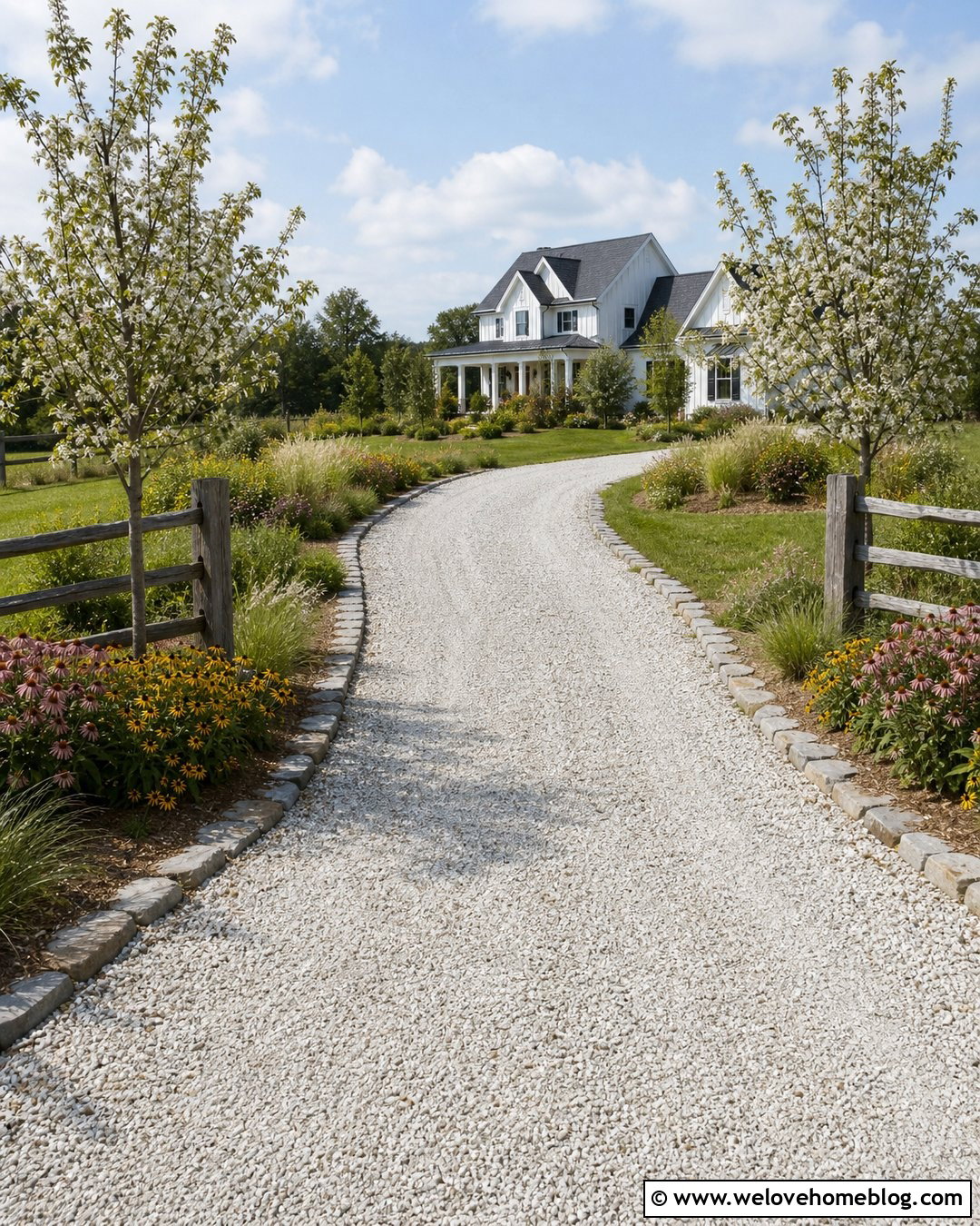 Farmhouse Gravel Driveway With Split Rail Fencing - 25 Front Yard Landscaping Driveway Ideas
