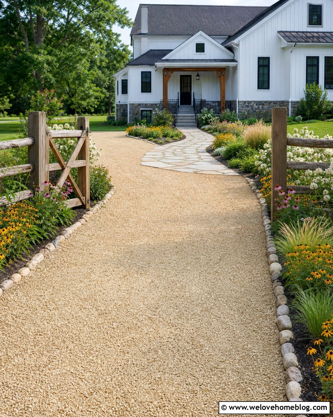 Farmhouse Gravel Driveway With Stone Path - 20 Gravel Driveway With Path Ideas