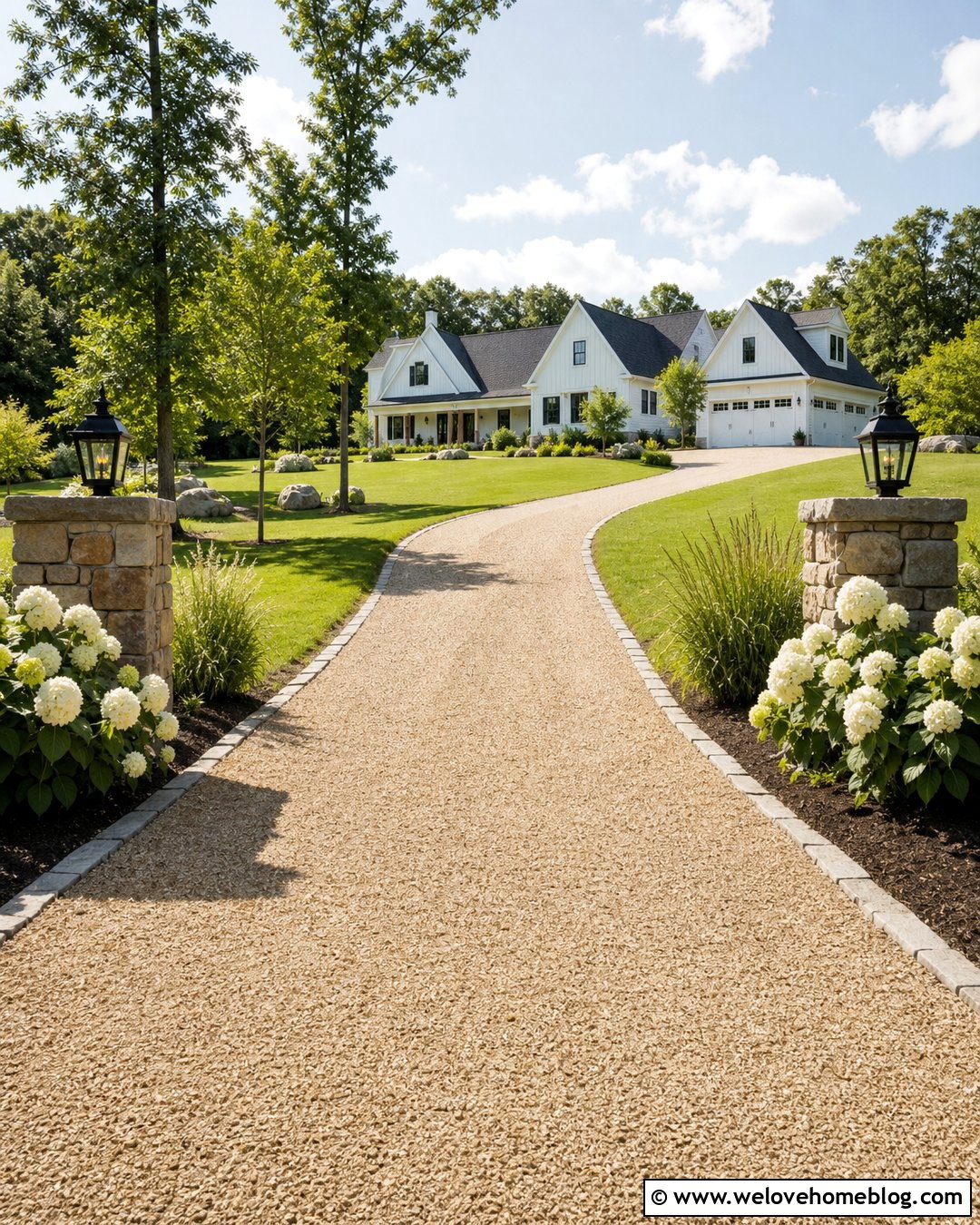 Farmhouse Gravel Driveway With Stone Pillars - 25 Luxury Driveway Landscaping Ideas