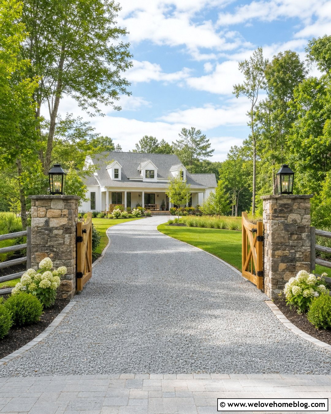 Farmhouse Gravel Driveway With Stone Pillars - 25 Driveway Gravel Ideas