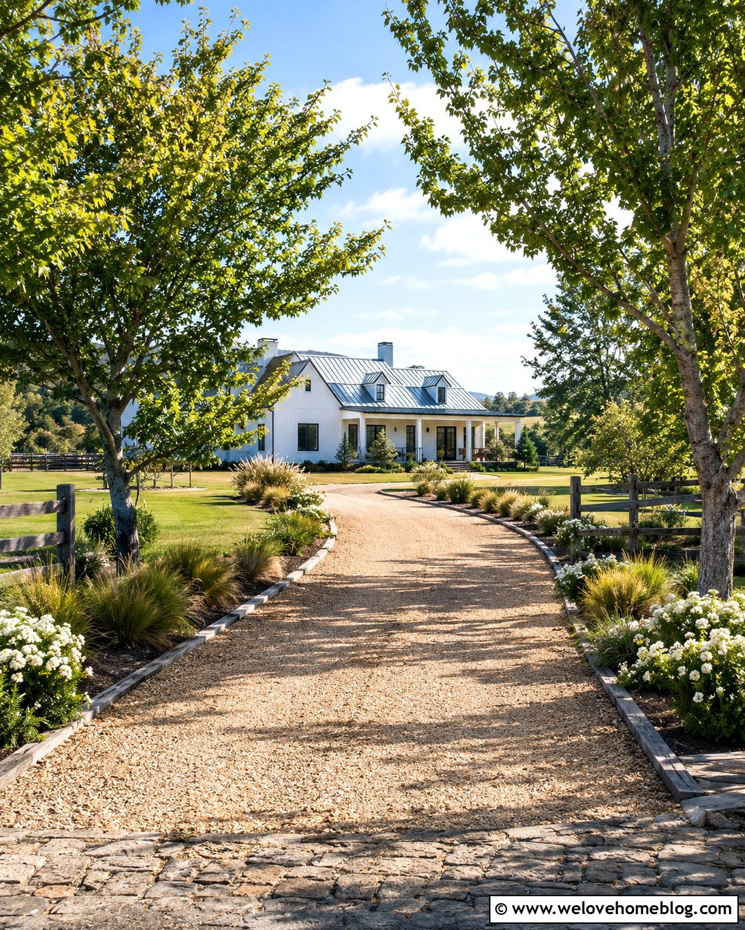 Farmhouse Gravel Driveway With Timber Borders - 20 Driveway Landscaping Before And After Ideas