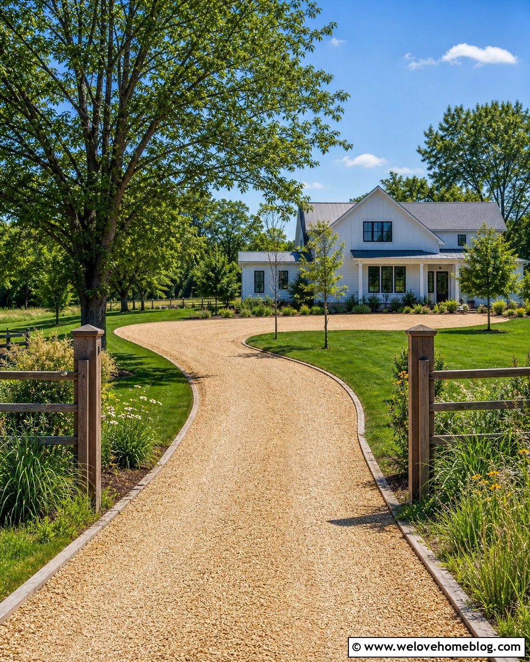 Farmhouse Gravel Driveway With Timber Edging - 20 Large Gravel Driveway Ideas