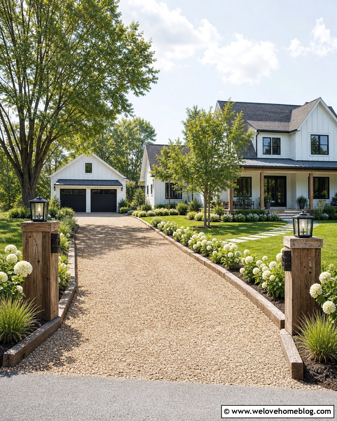 Farmhouse Gravel Driveway With Timber Edging - 25 Dream Driveway Ideas