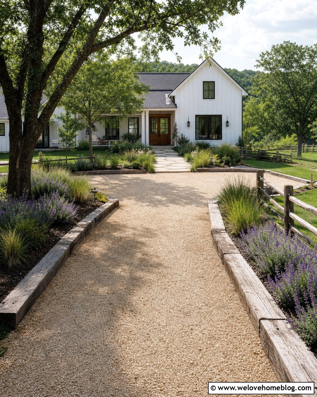 Farmhouse Gravel Driveway With Timber Edging - 45 Driveway Design Ideas