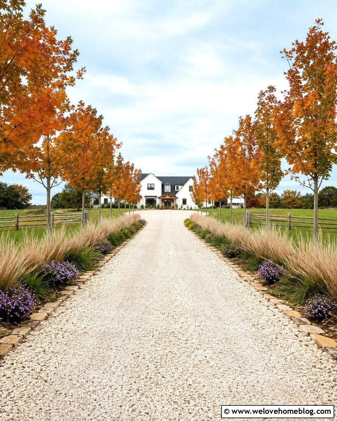 Farmhouse Gravel Driveway With Tree Lined Borders - 20 autumn driveway landscaping ideas