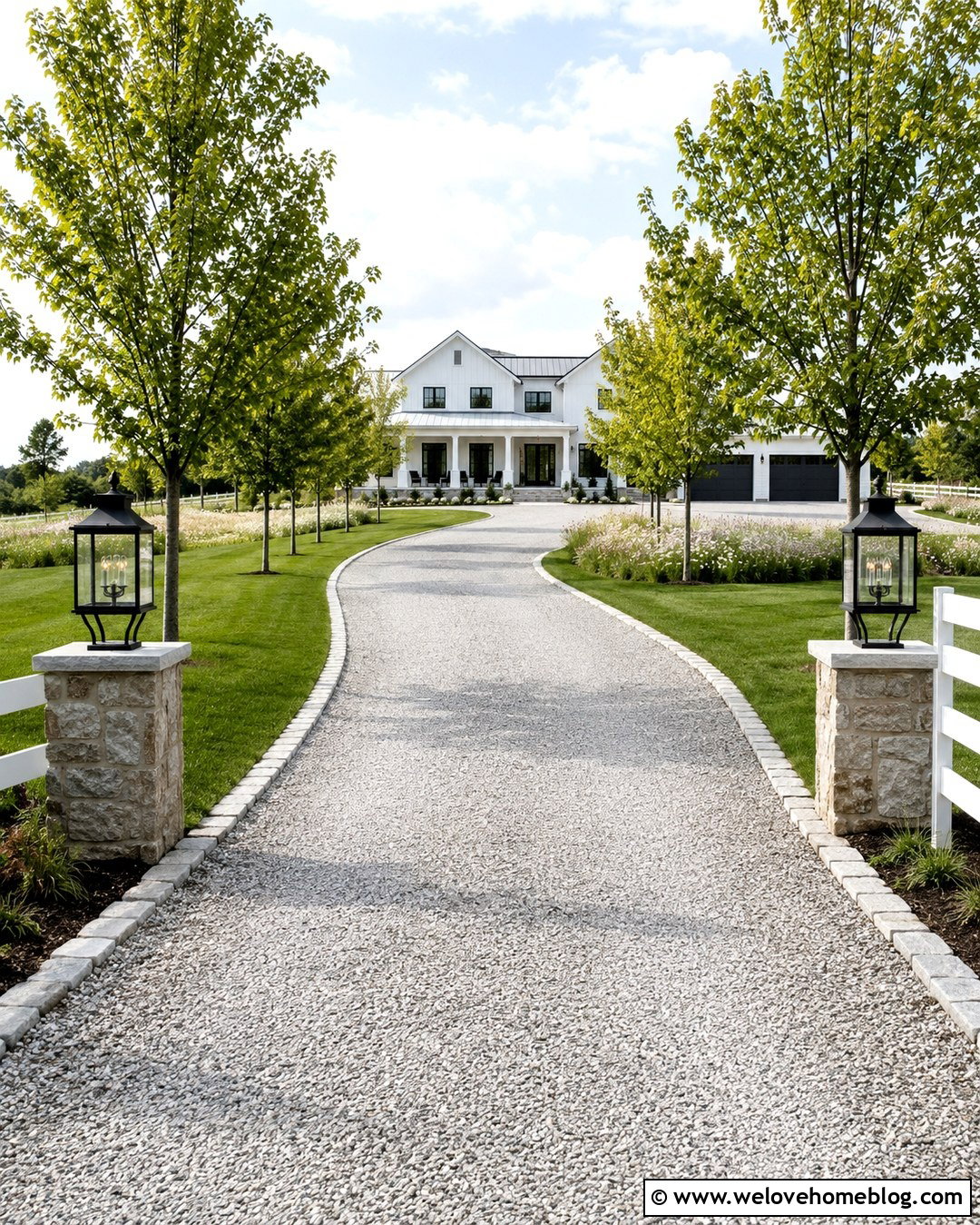 Farmhouse Gravel Driveway With Trees - 20 Large Front Driveway Ideas