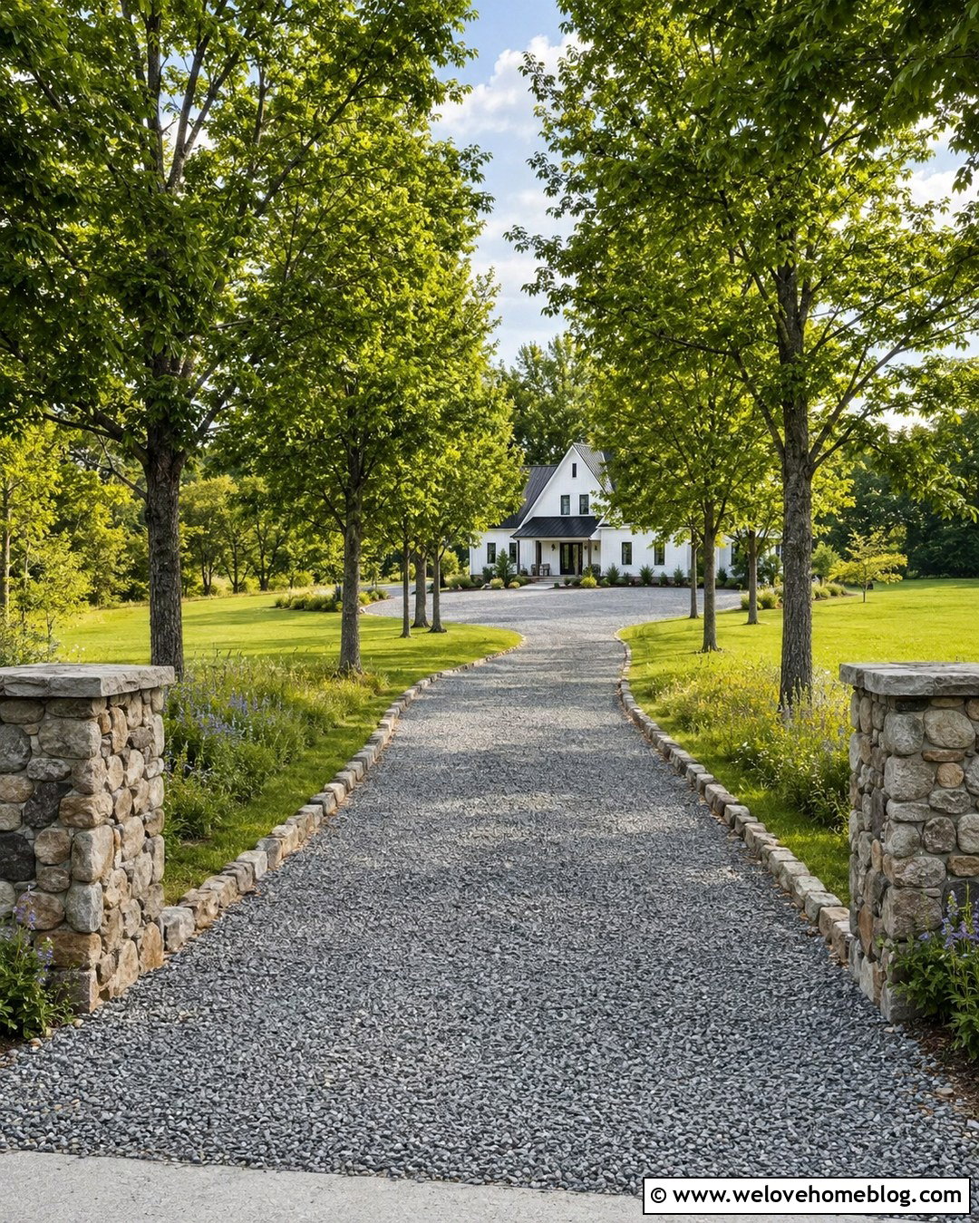 Farmhouse Gravel Driveway With Trees - 20 Creative Driveway Ideas