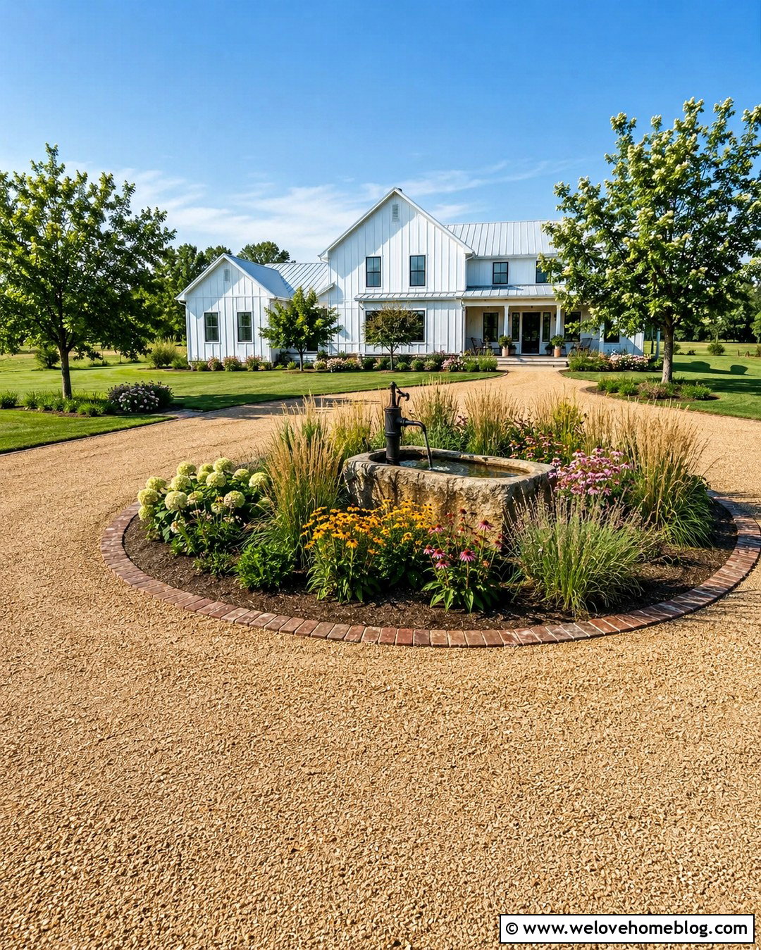 Farmhouse Gravel Driveway With Trough Fountain - 20 Water Fountain Driveway Ideas
