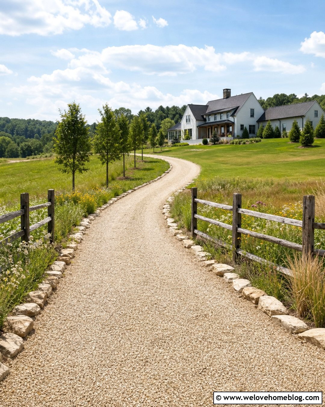 Farmhouse Gravel Driveway With Wildflowers - 20 edge of driveway landscaping ideas