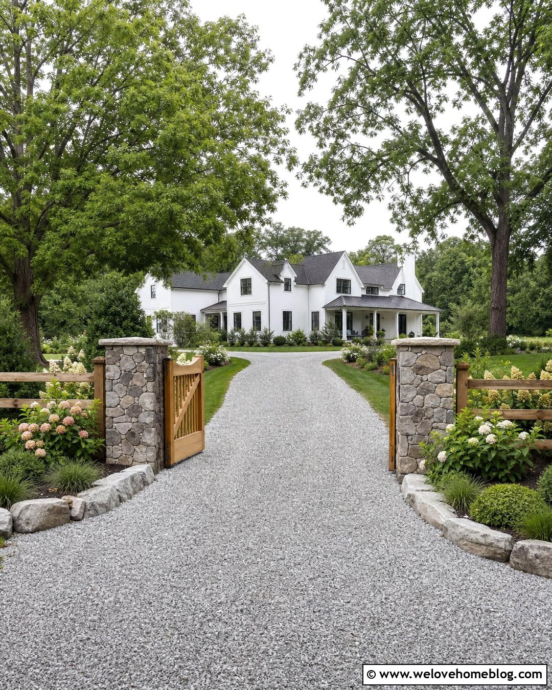 Farmhouse Gravel Driveway With Wood Gate