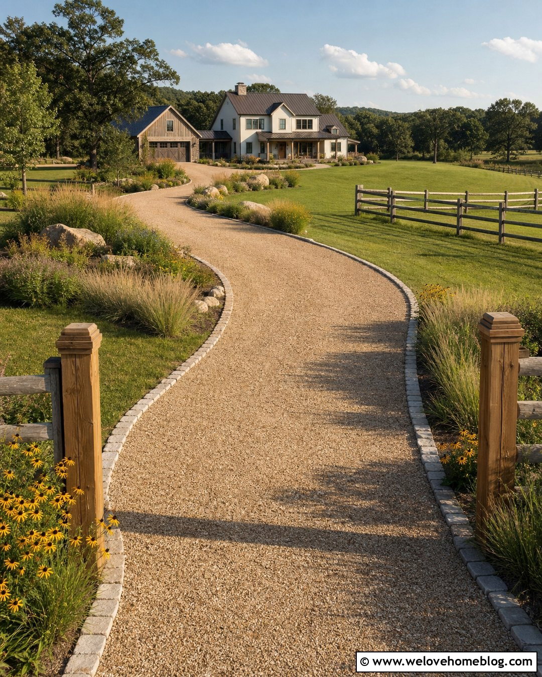 Farmhouse Gravel Driveway - 20 permeable driveway design ideas