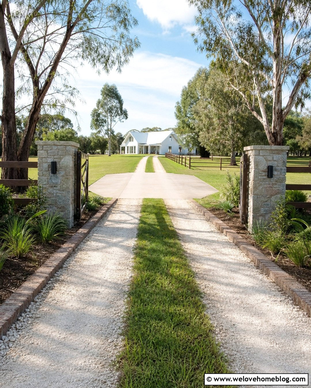 Farmhouse Gravel Grass Strip Driveway - 20 Grass Strip Driveway Ideas