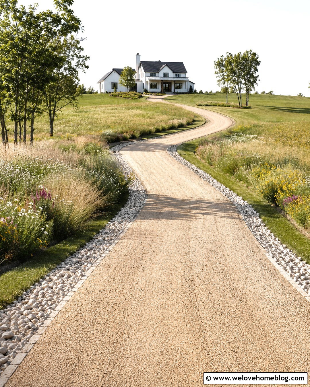 Farmhouse Hill Driveway With Meadow Planting - 20 hill driveway landscaping ideas