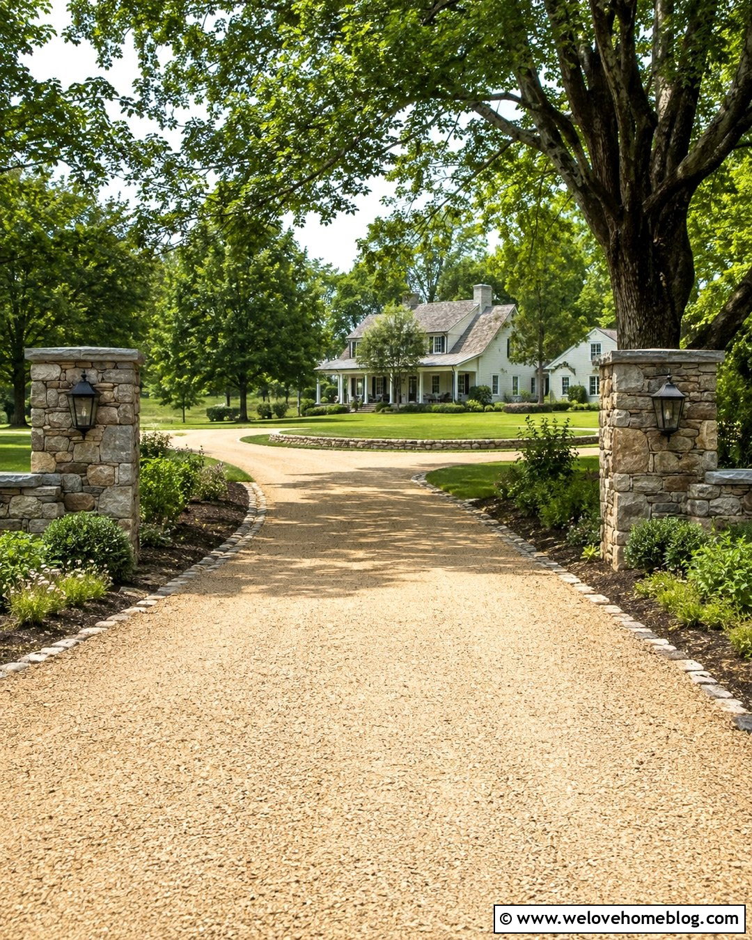 Farmhouse Long Driveway With Stone Gate Pillars - 20 Farmhouse Long Driveway Ideas