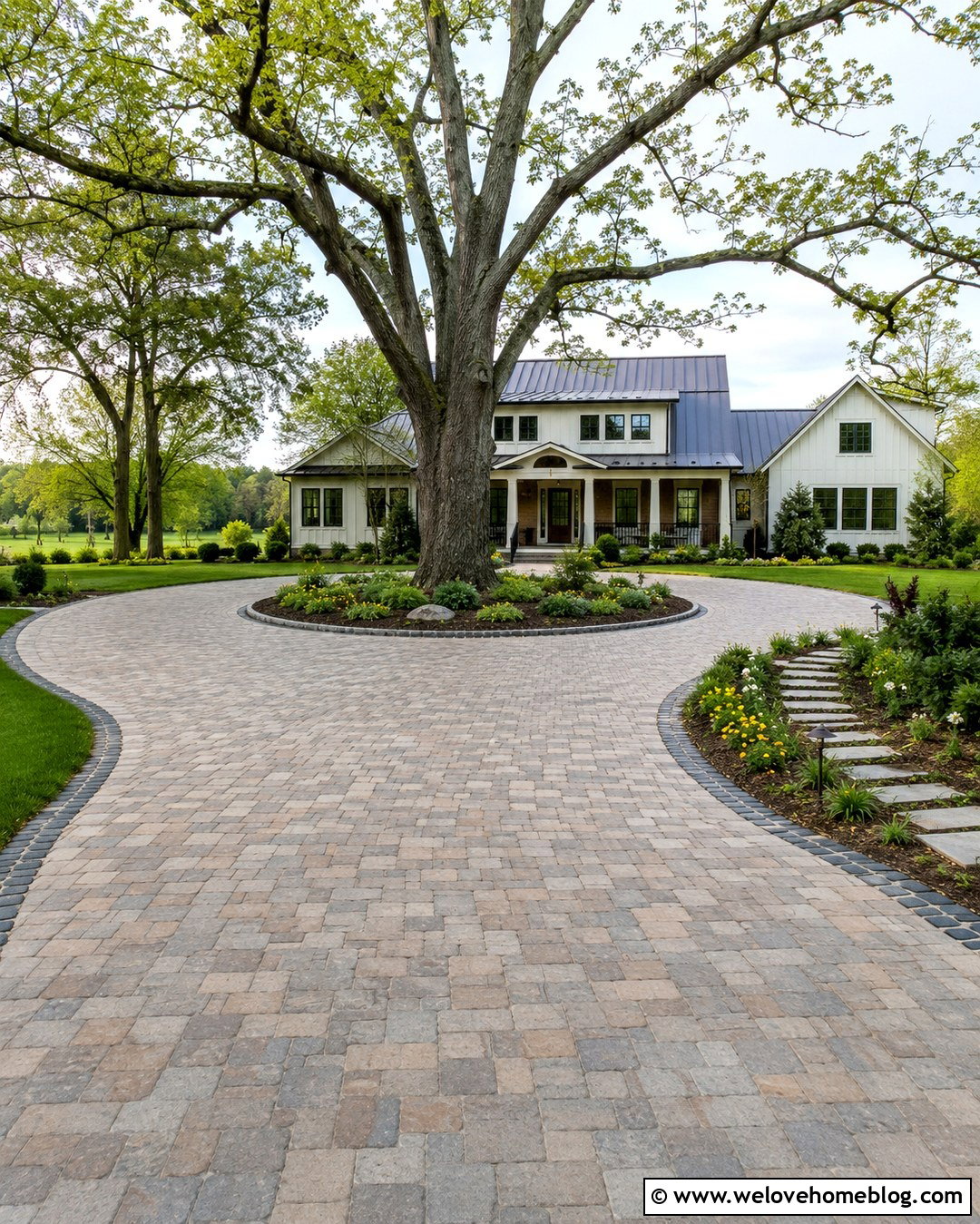 Farmhouse Paver Circle Driveway With Oak Tree Island - 20 Farmhouse Circle Driveway Ideas
