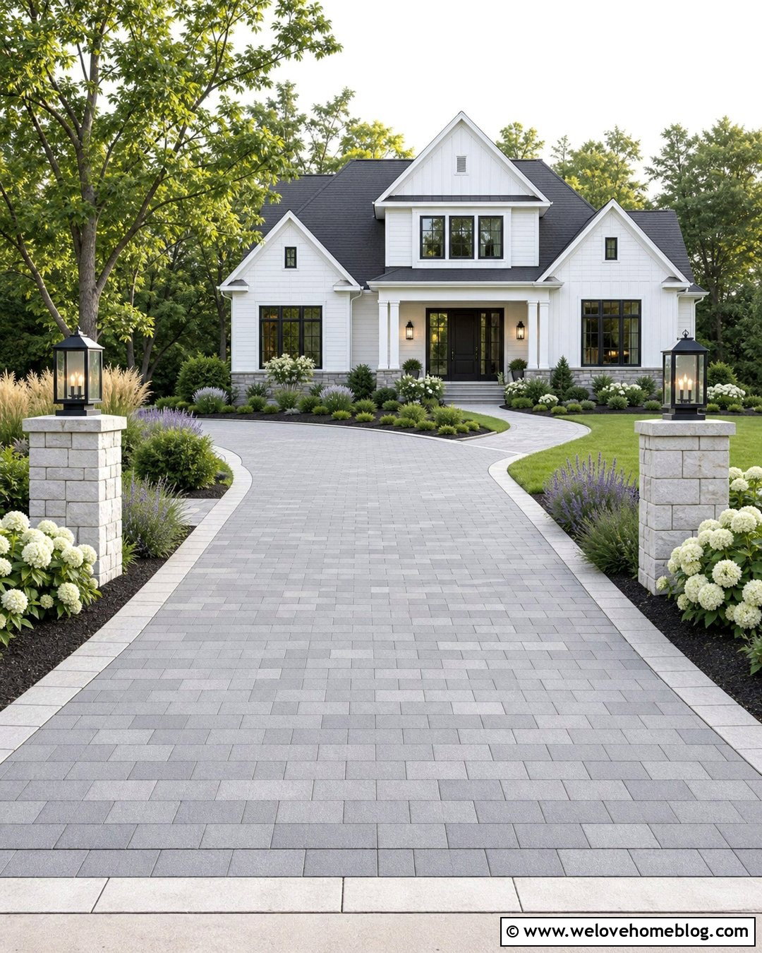 Farmhouse Paver Driveway With White Stone Edging - 20 lowes pavers for driveway ideas