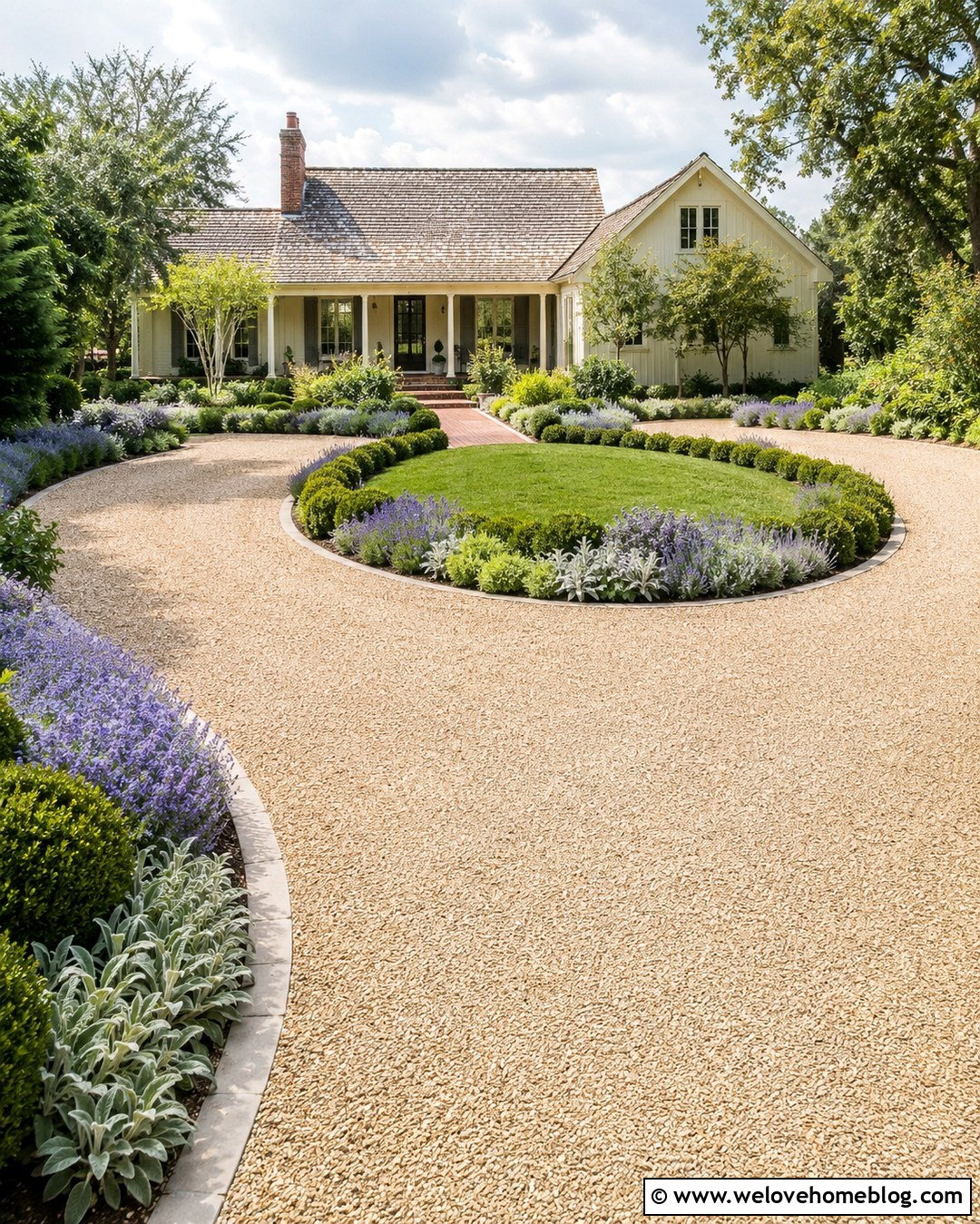 Farmhouse Pea Gravel Circle Driveway With Lavender - 20 Farmhouse Circle Driveway Ideas