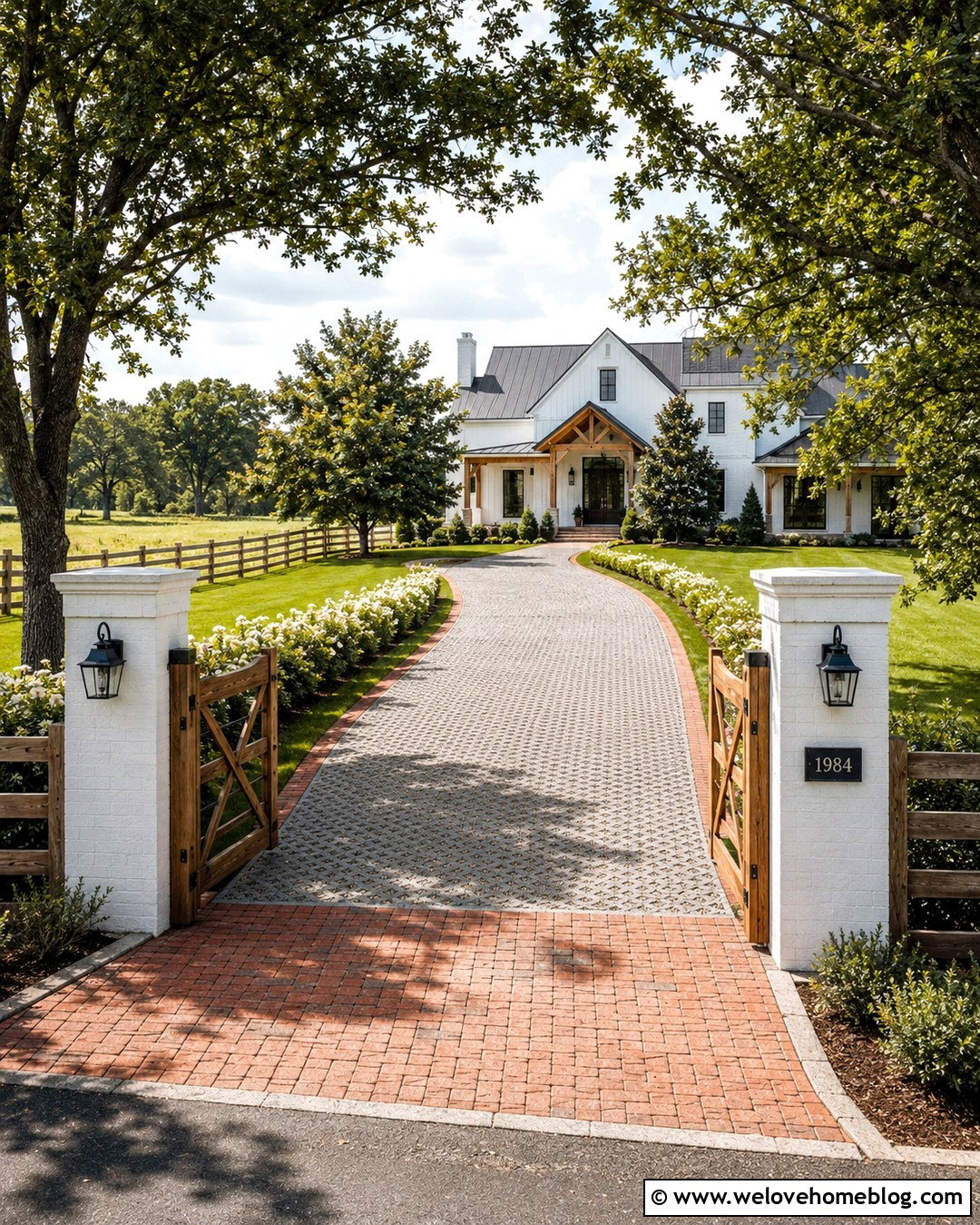 Farmhouse Permeable Paver Driveway With Brick Apron - 20 Permeable Paver Driveway Ideas
