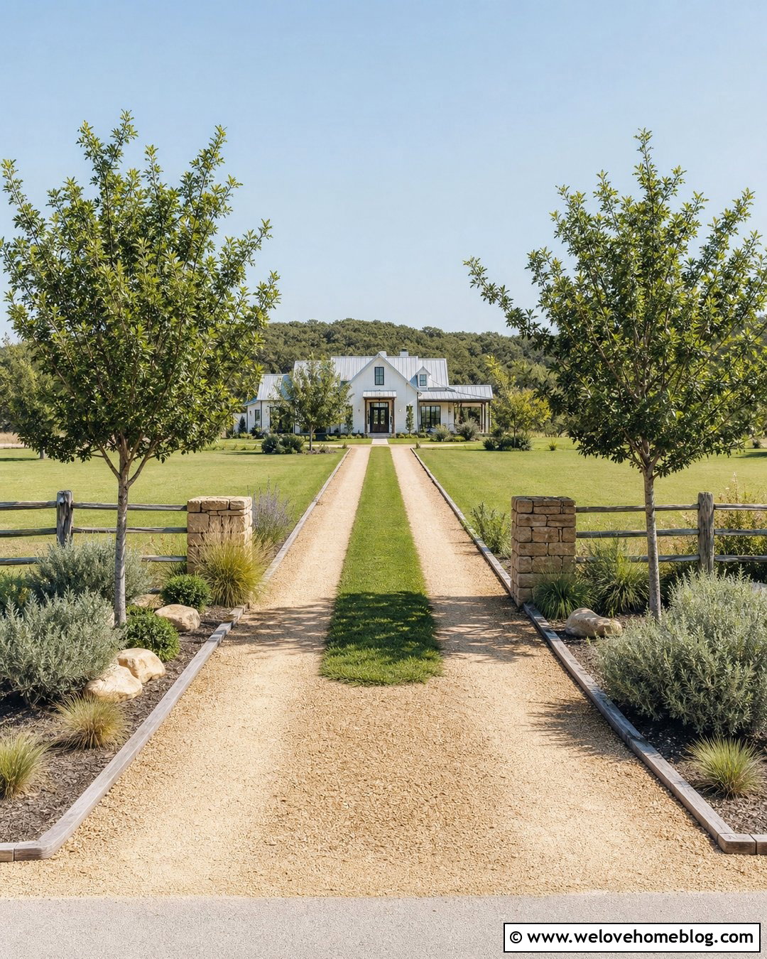 Farmhouse Ribbon Driveway With Timber Edging - 20 Ribbon Driveway Ideas