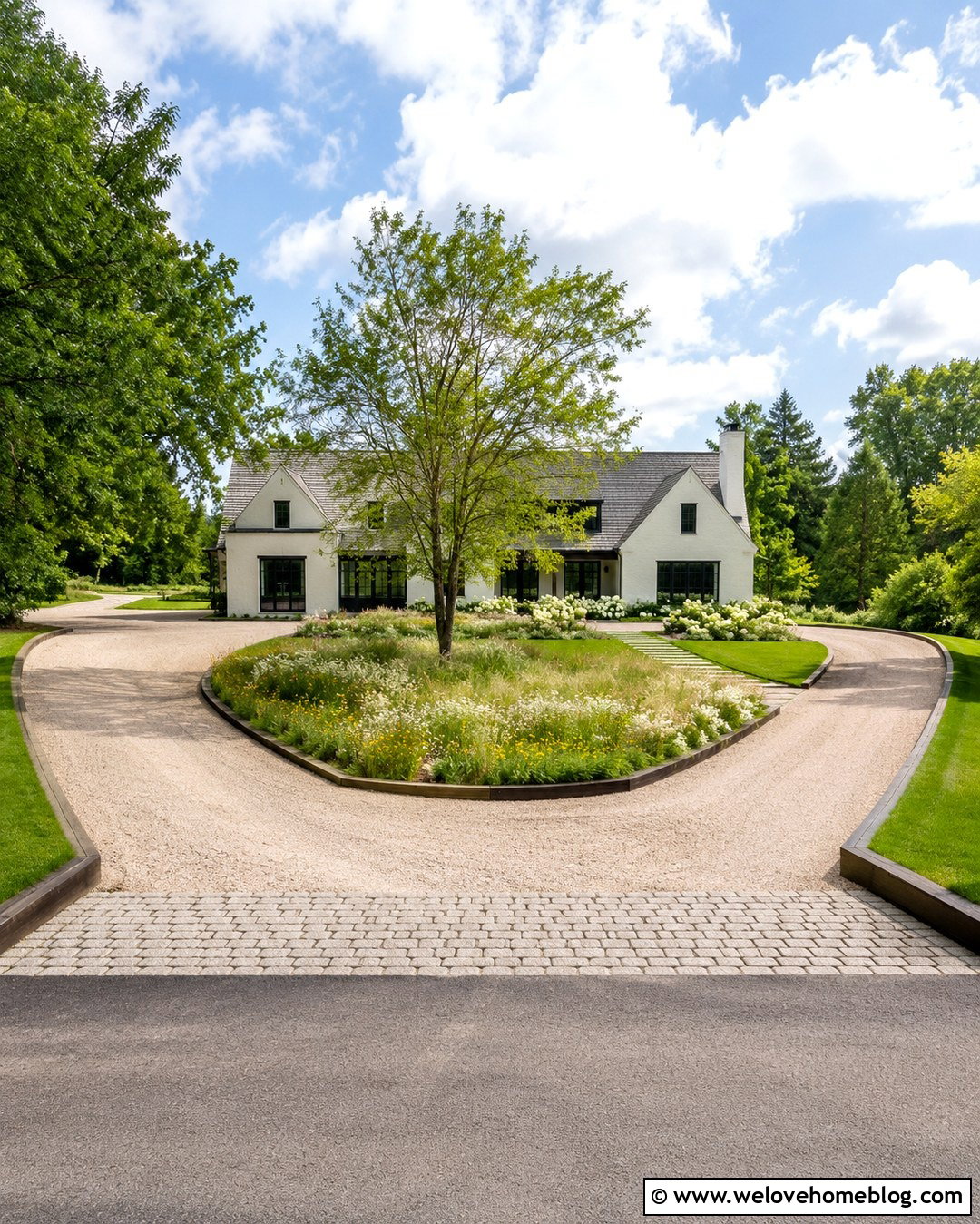 Farmhouse U Shaped Driveway With Timber Borders - 20 U Shaped Driveway Front Yards Ideas
