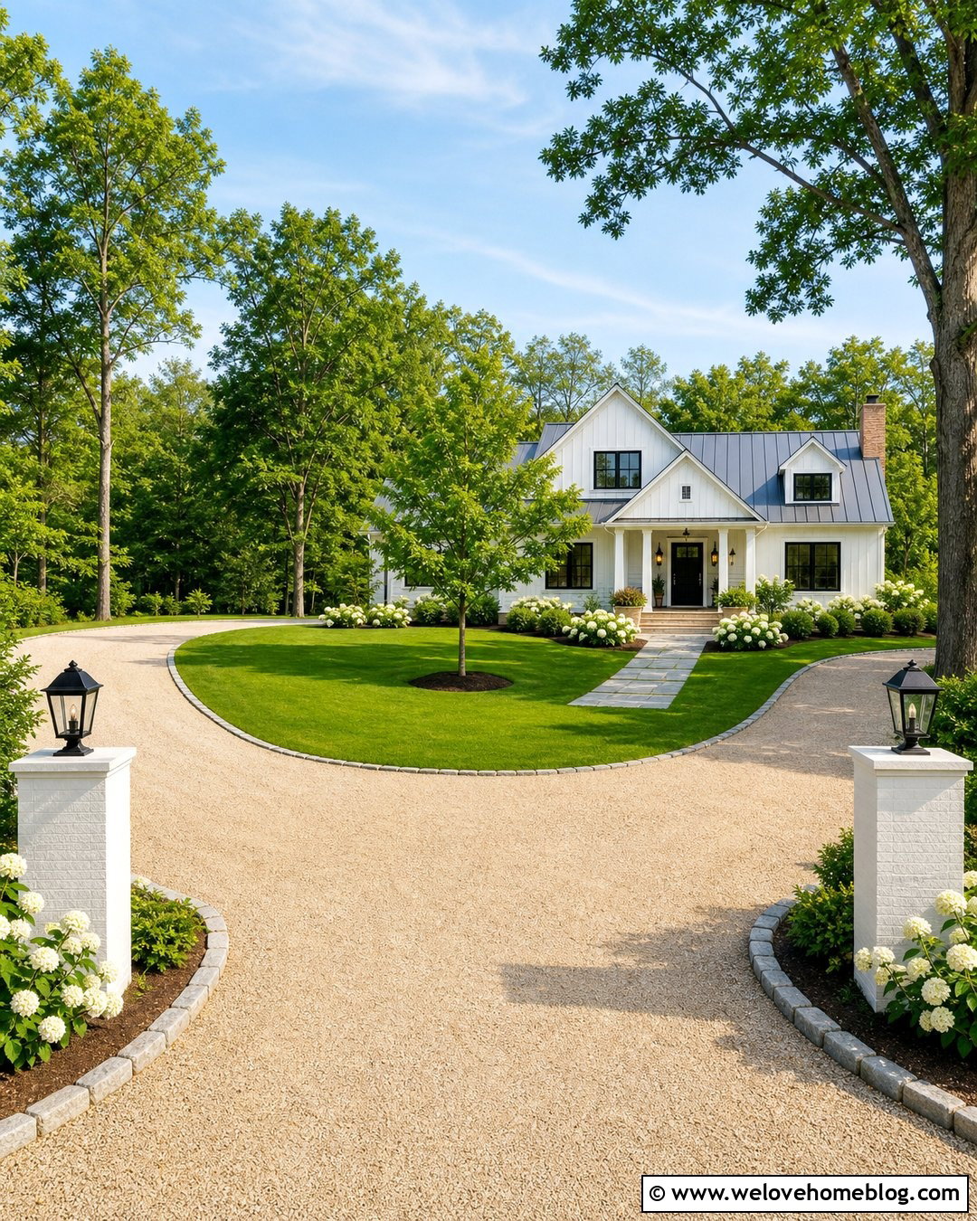 Farmhouse U Shaped Driveway With White Gate Posts - 20 U Driveway Ideas