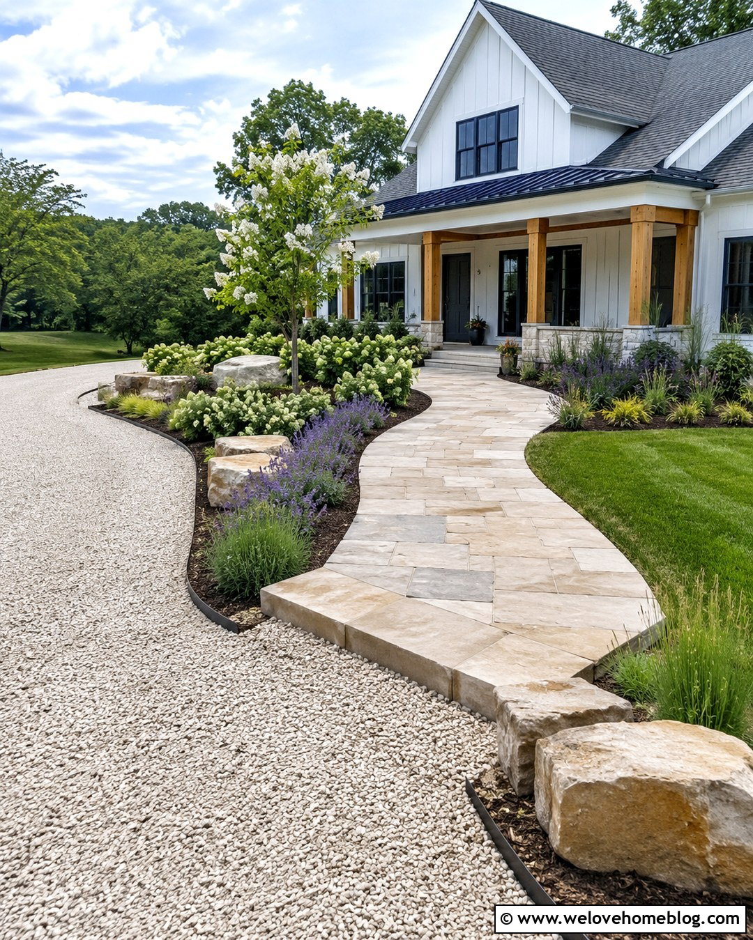 Farmhouse Walkway From Gravel Driveway To Porch - 20 Front Porch Walkway To Driveway Ideas