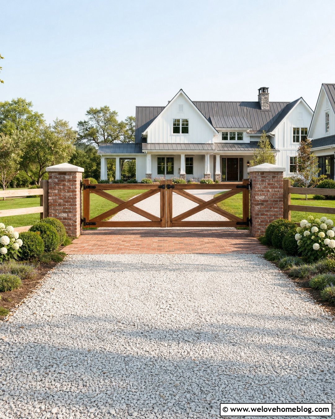 Farmhouse Wood Driveway Gate With Brick Pillars - 25 Wood Driveway Gate Ideas
