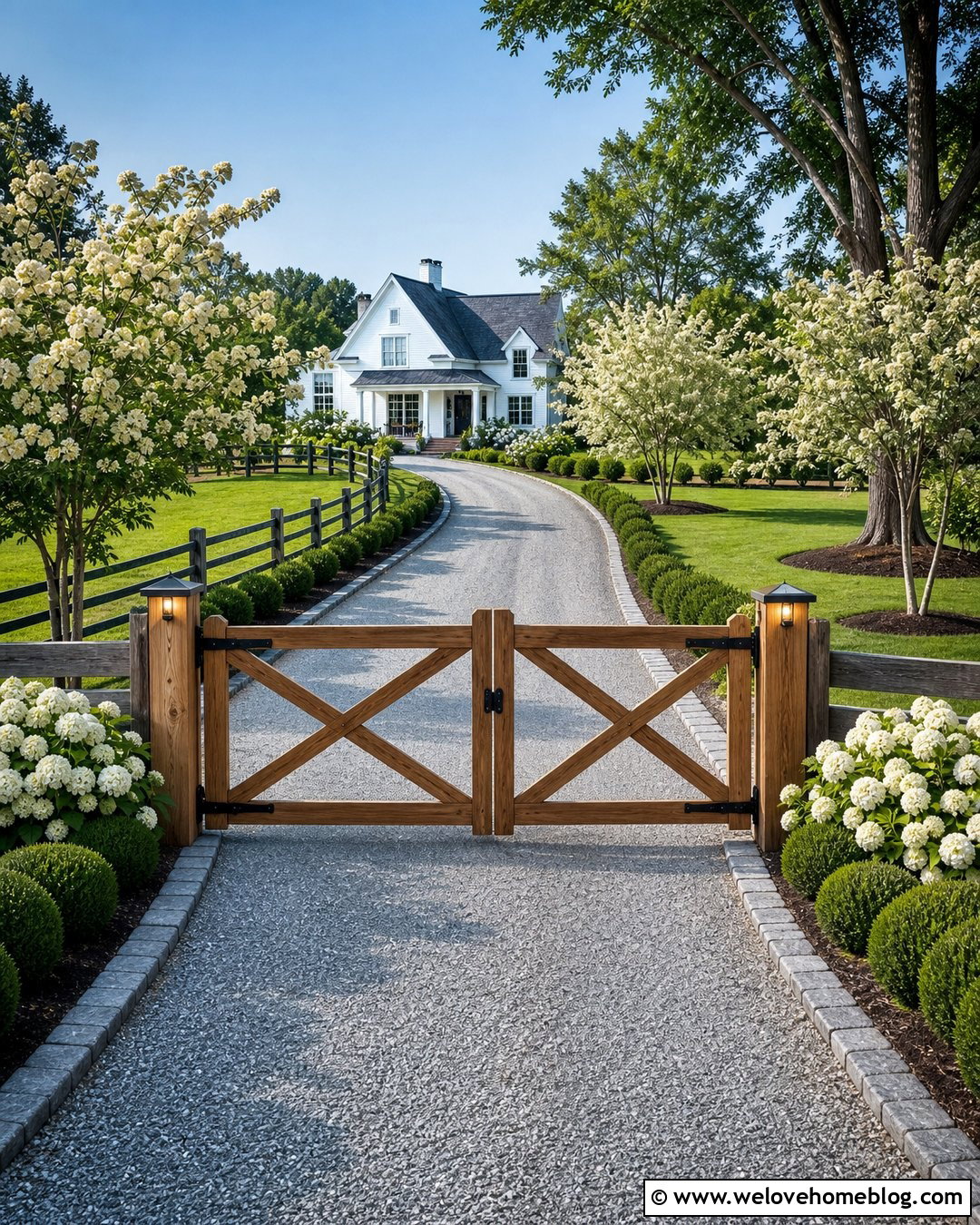 Farmhouse Wood Driveway Gate With Gravel