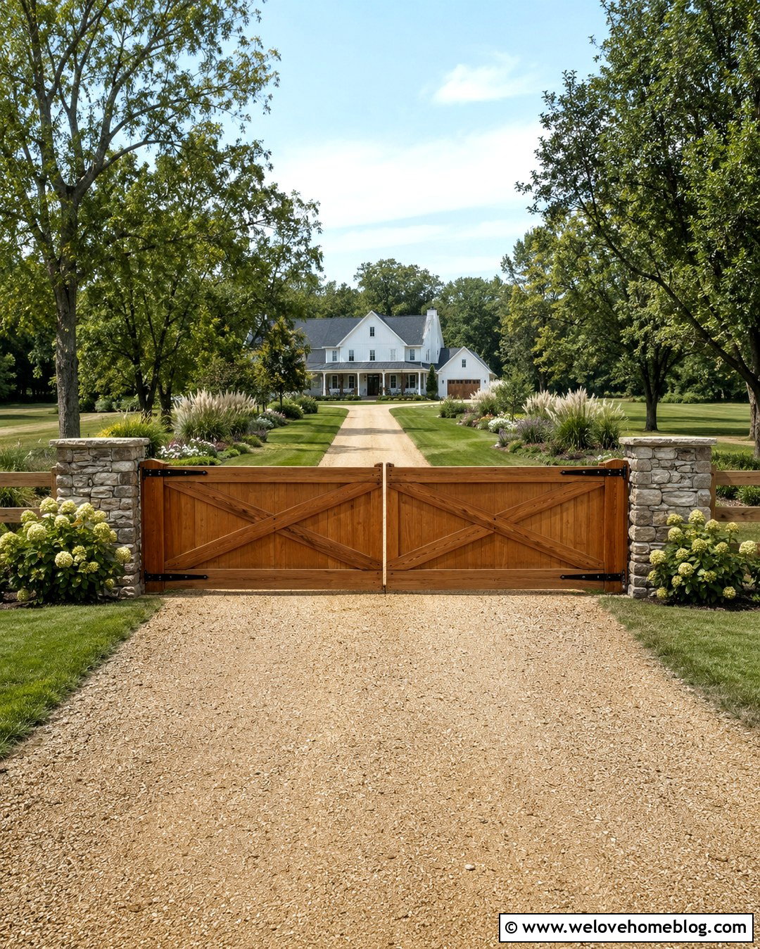 Farmhouse Wooden Driveway Gate With X Bracing - 20 Decorative Wooden Driveway Gate Ideas