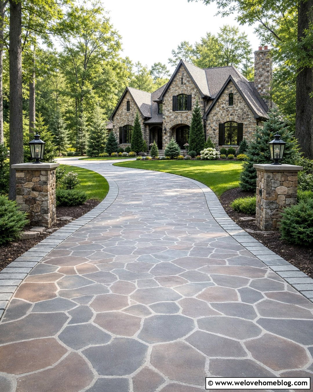 Faux Cobblestone Driveway Paint With Stone Pillars - 30 driveway paint ideas
