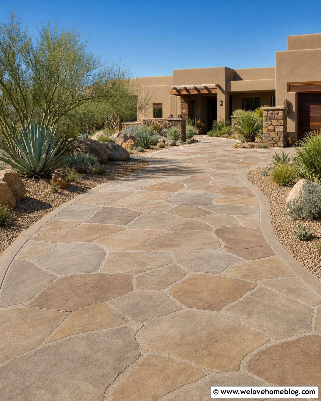 Faux Flagstone Driveway Paint With Desert Plants - 30 driveway paint ideas