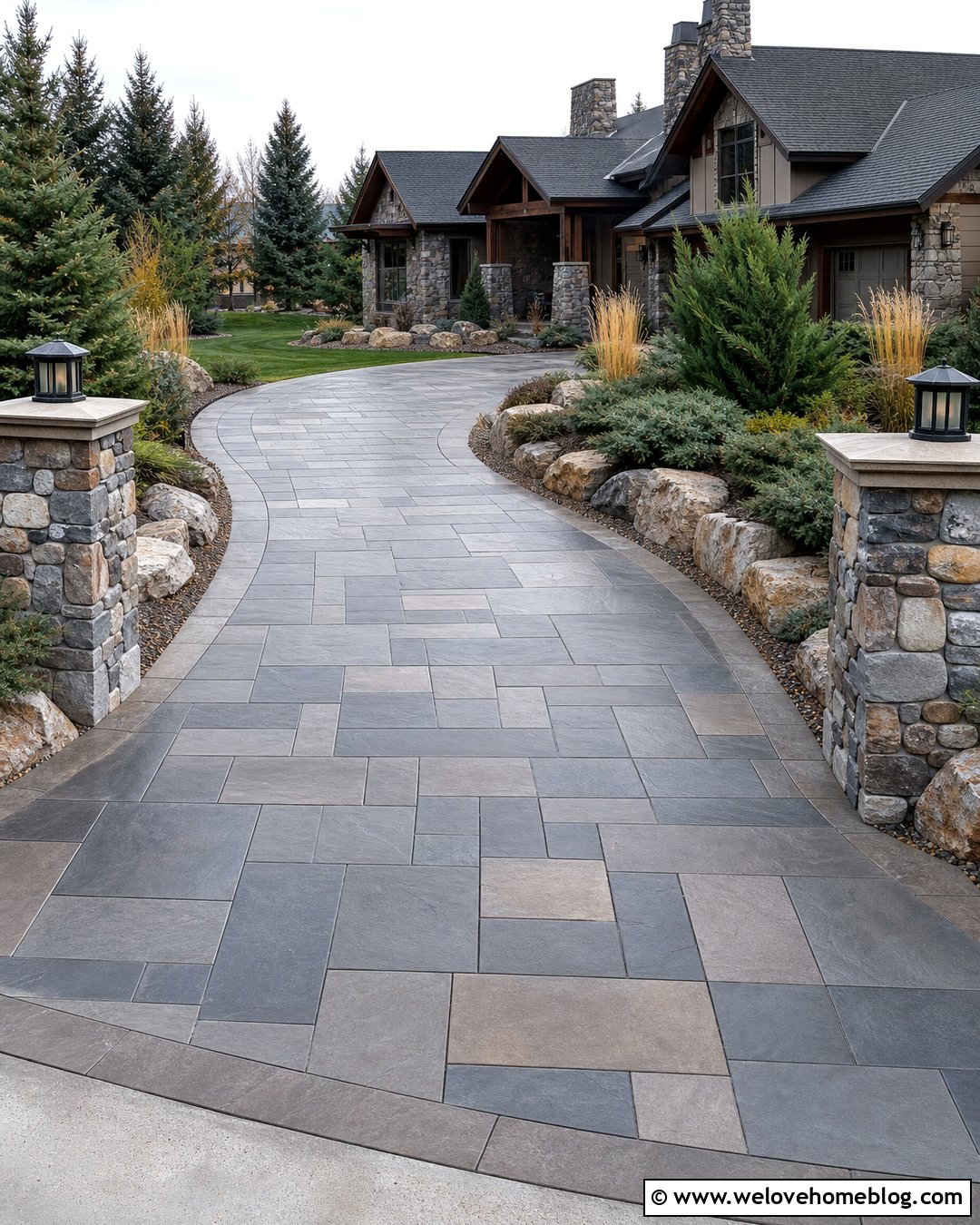 Faux Slate Painted Concrete Driveway With Stone Pillars - 25 painted driveways concrete ideas