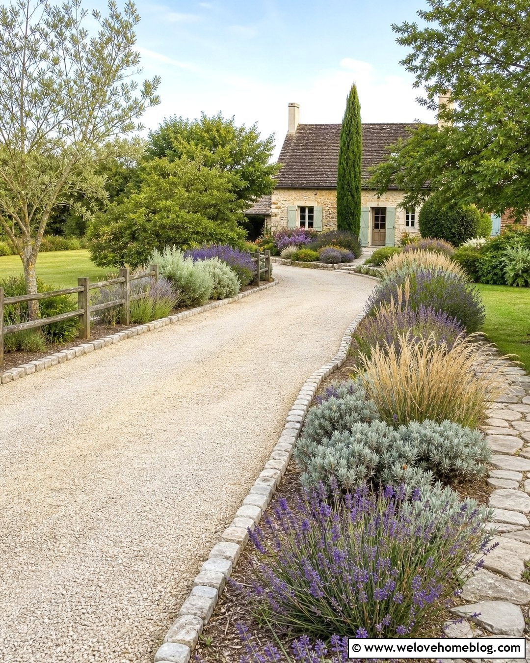 Fence Lined Driveway With Lavender Borders