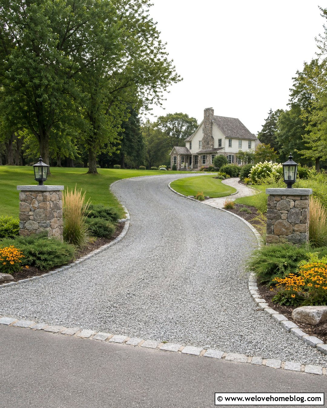 Fieldstone Driveway Pillars With Gravel Entrance - 20 Stone Driveway Pillars Ideas