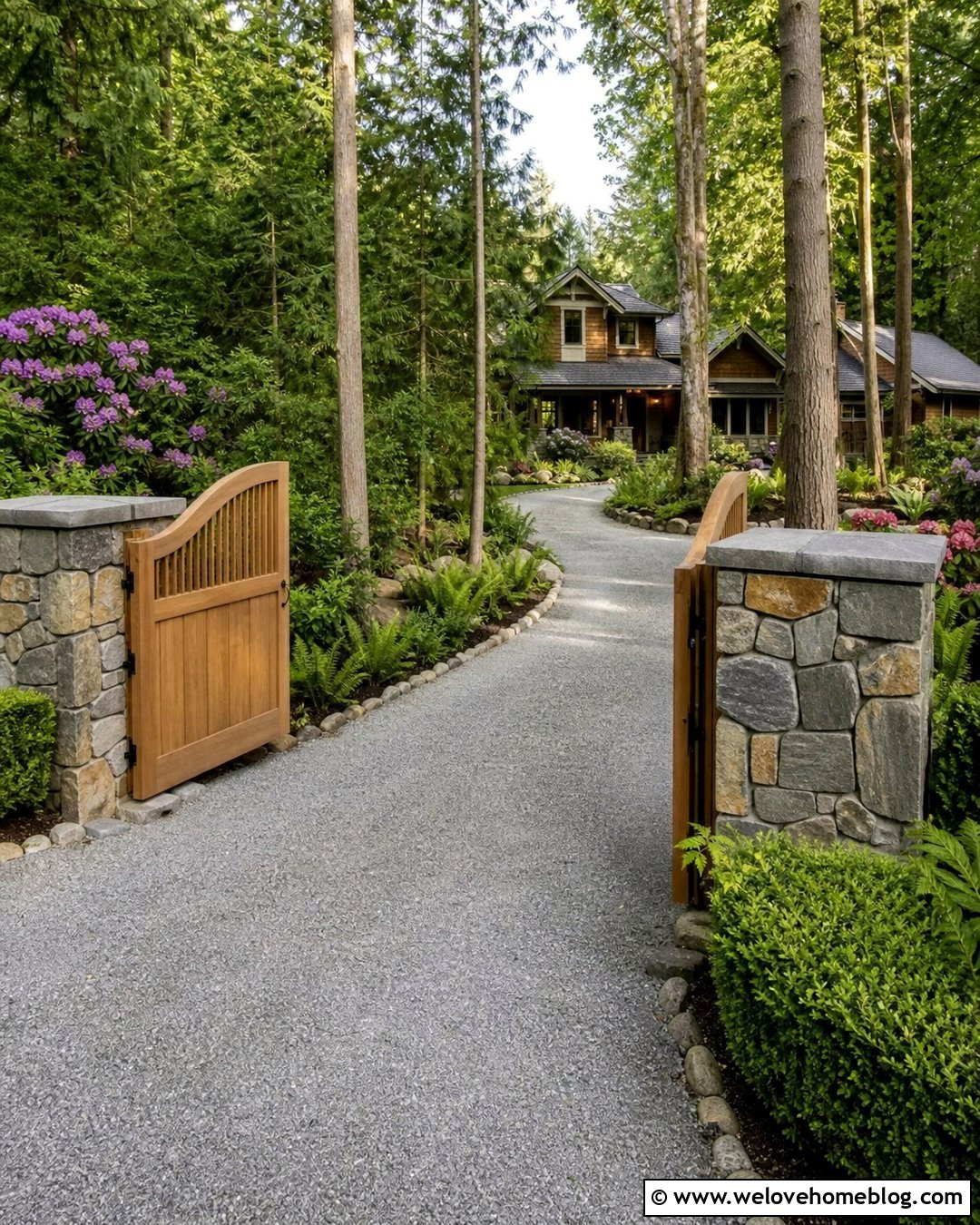Fieldstone Gate Posts With A Curved Driveway - 20 Driveways Gate Posts Ideas