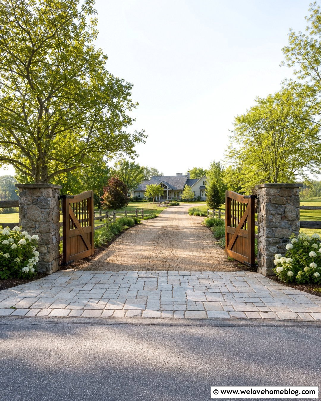 Fieldstone Posts With Wood Gates - 20 Driveway Entrance Post Ideas