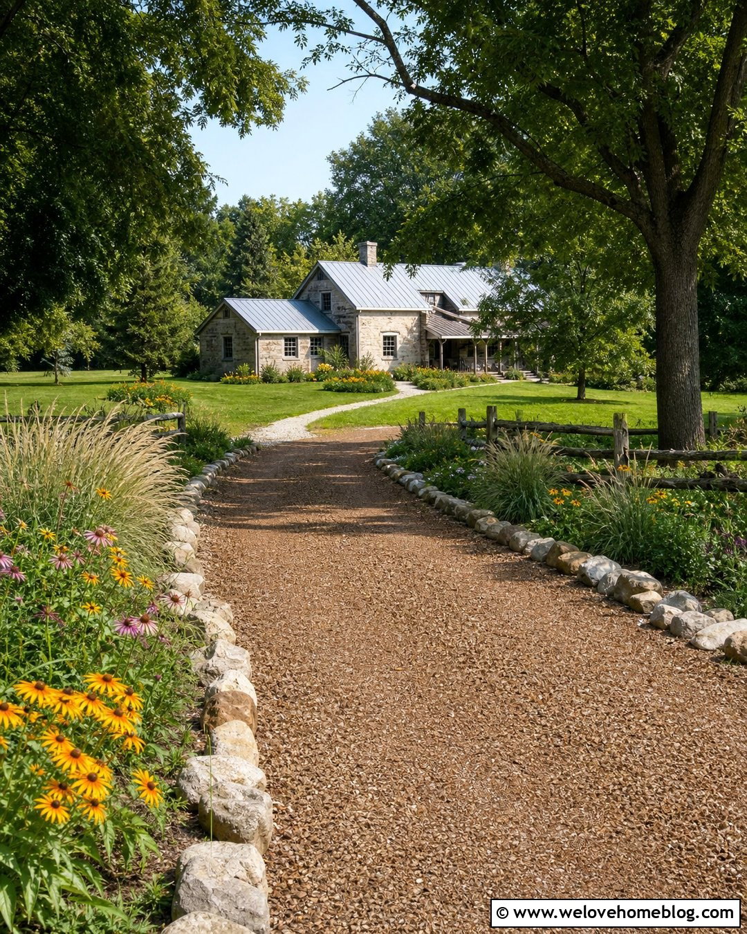 Fieldstone Rock Lined Country Driveway - 25 Rock Lined Driveway Ideas